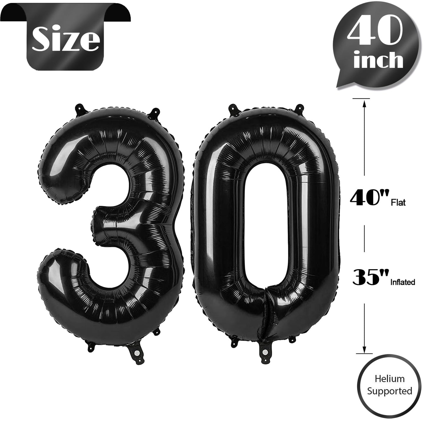 IWERP Black Number 30 Balloon – 40-Inch 30th Birthday Decor for Women & Men