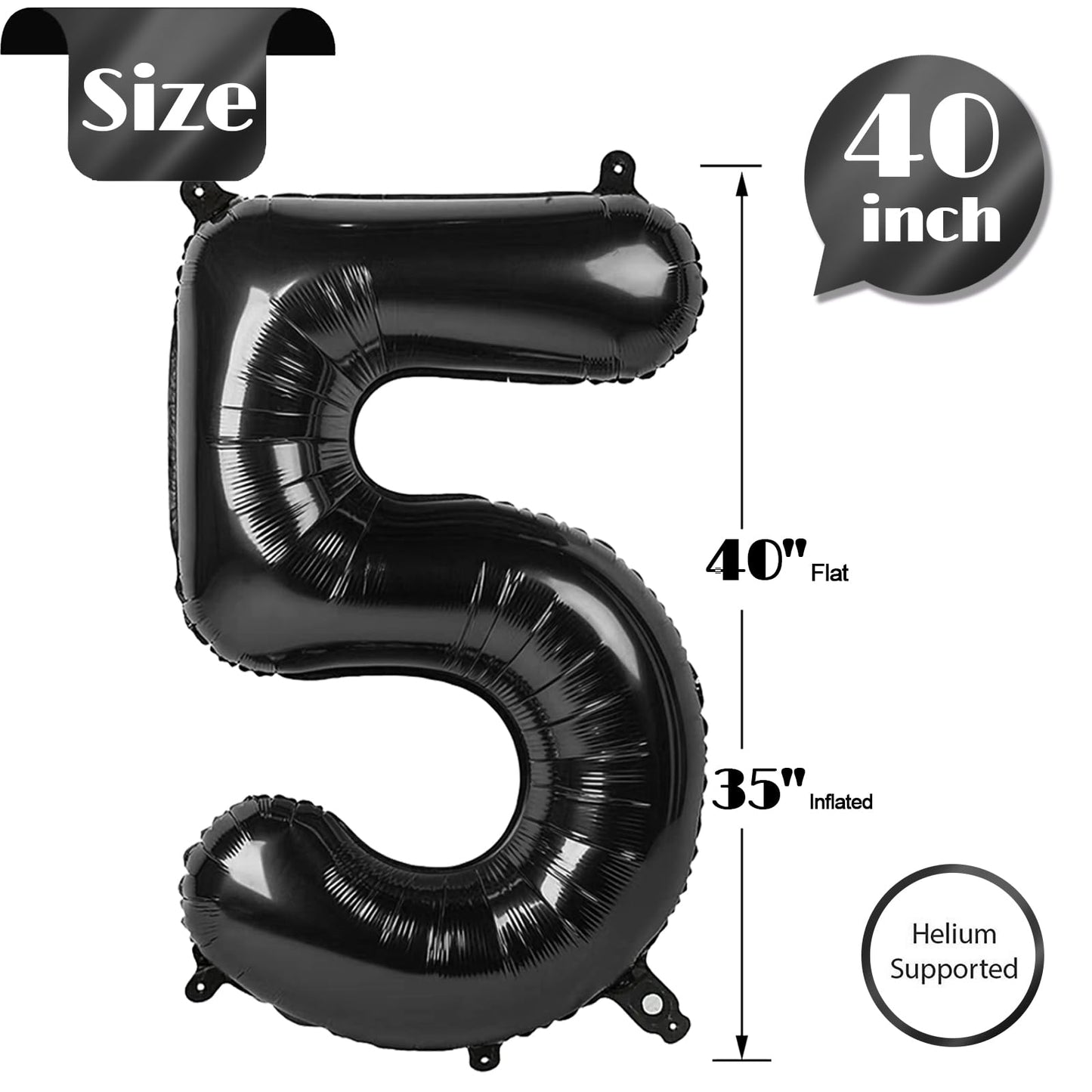 IWERP Black Number 5 Balloon 40 Inch — Fifth Birthday Decorations & Black Party Supplies