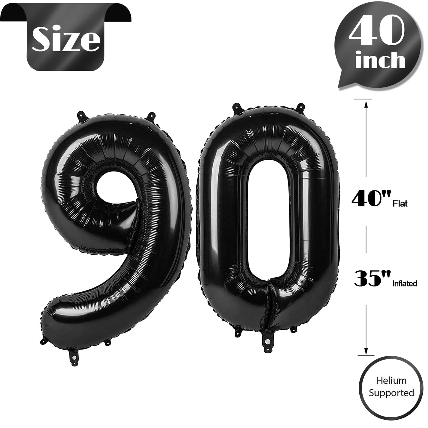 IWERP Black Number 90 Balloon — 40-Inch 90th Birthday Decorations for Women & Men