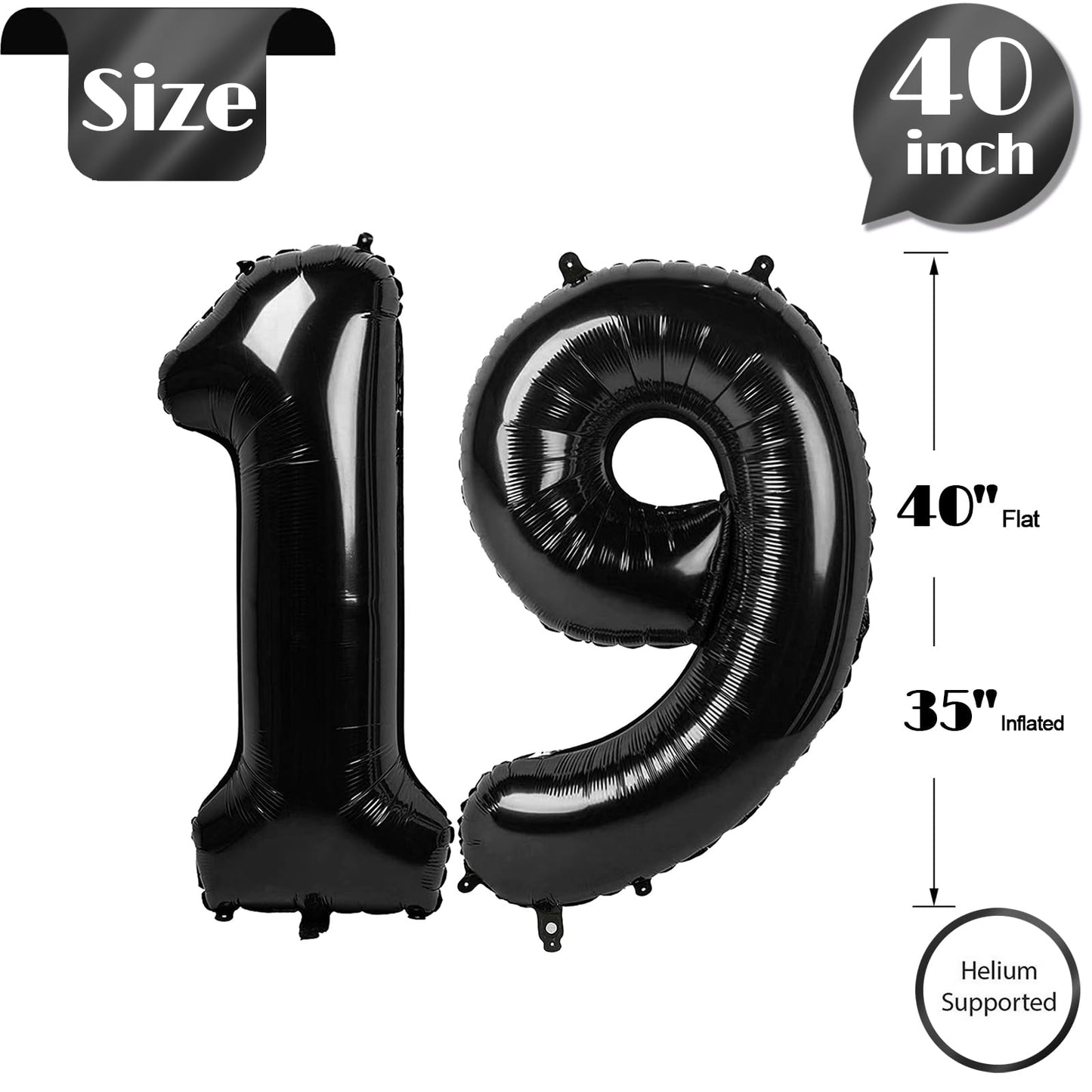 IWERP Black Number 19 Balloon – 40-Inch 19th Birthday Decoration