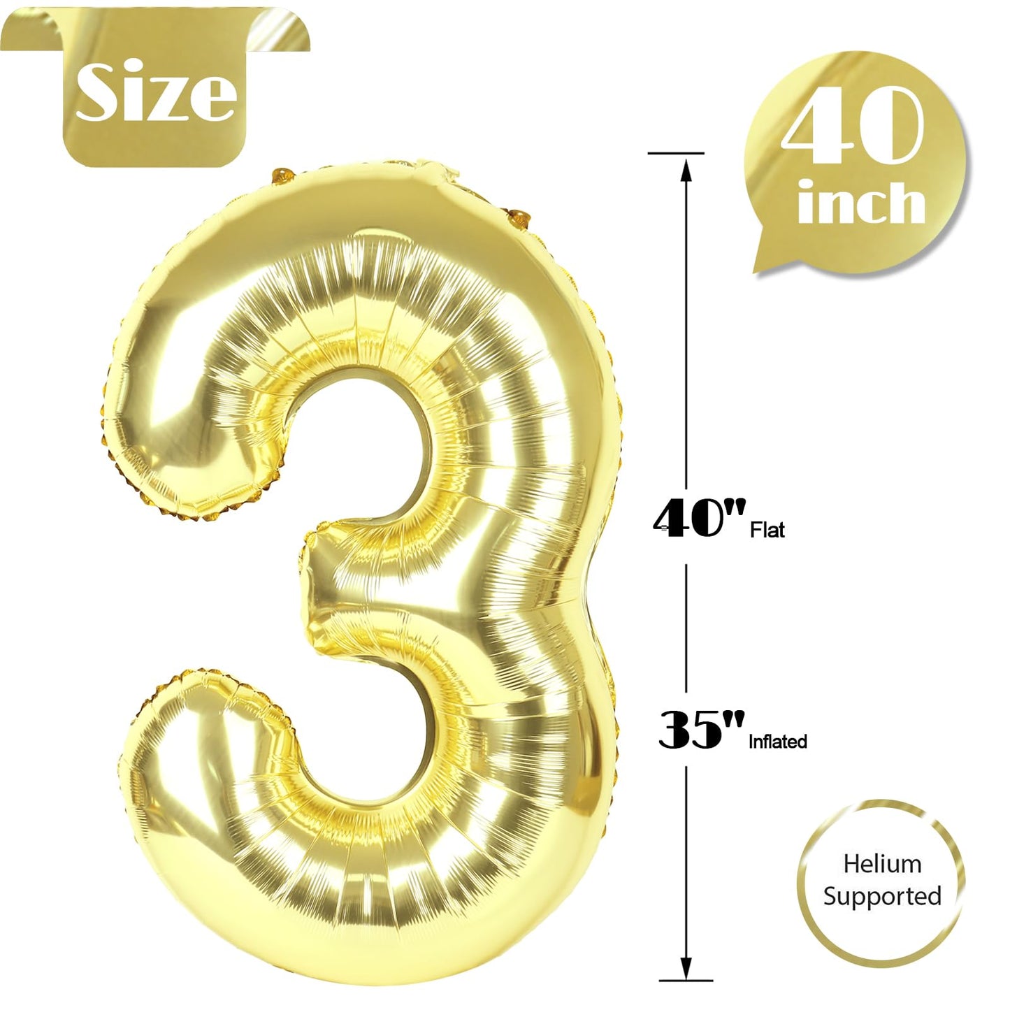 IWERP Champagne Gold Number 3 Balloon 40 Inch – White Gold 3 Balloon for 3rd Birthday Celebrations