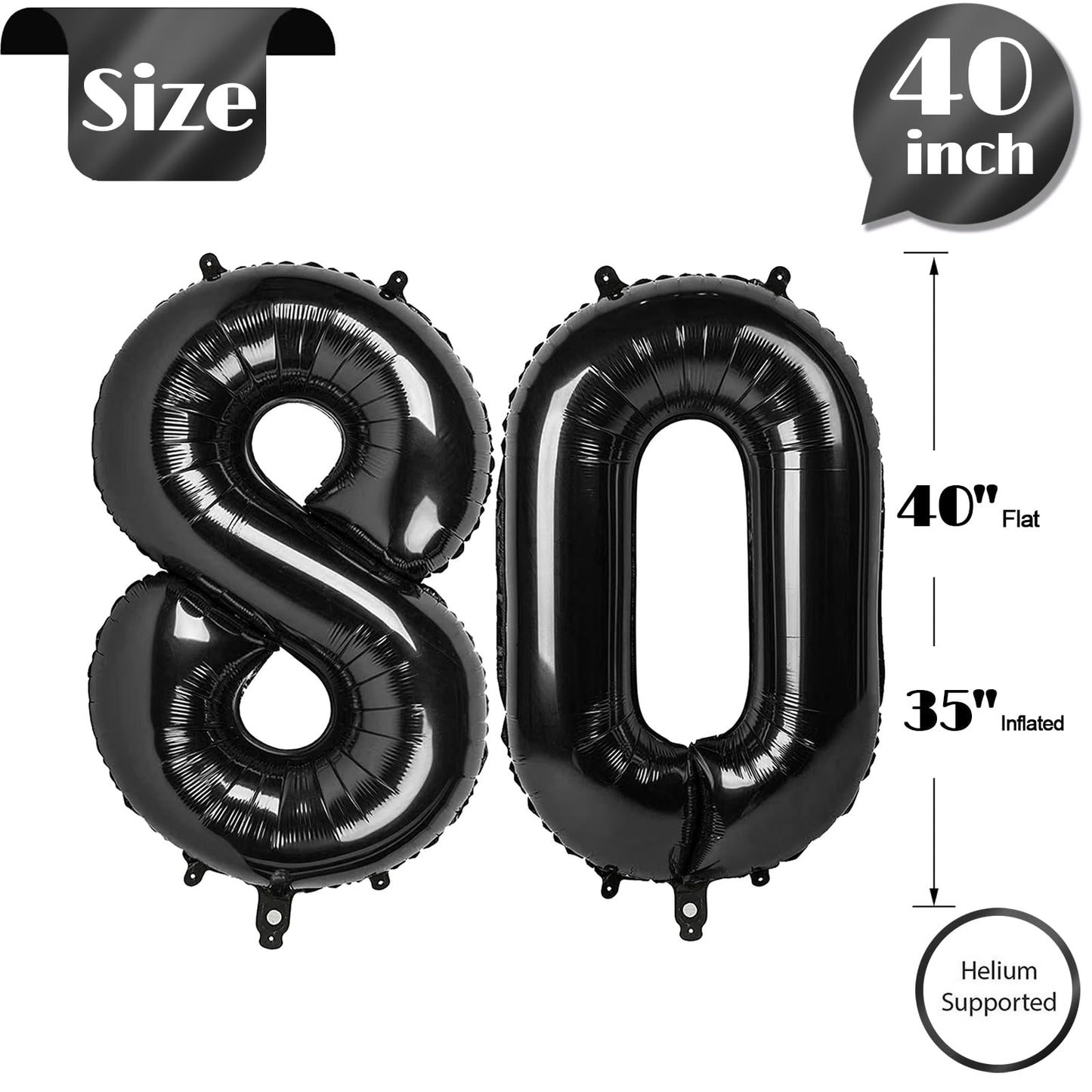 IWERP Black 80 Balloon – 40-Inch 80th Birthday Foil Decoration for Women & Men