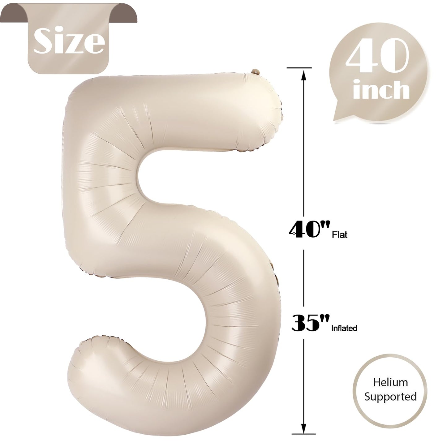 IWERP Cream Number 5 Balloon – 40-Inch Giant Foil Birthday Balloon for 5th Birthday Parties
