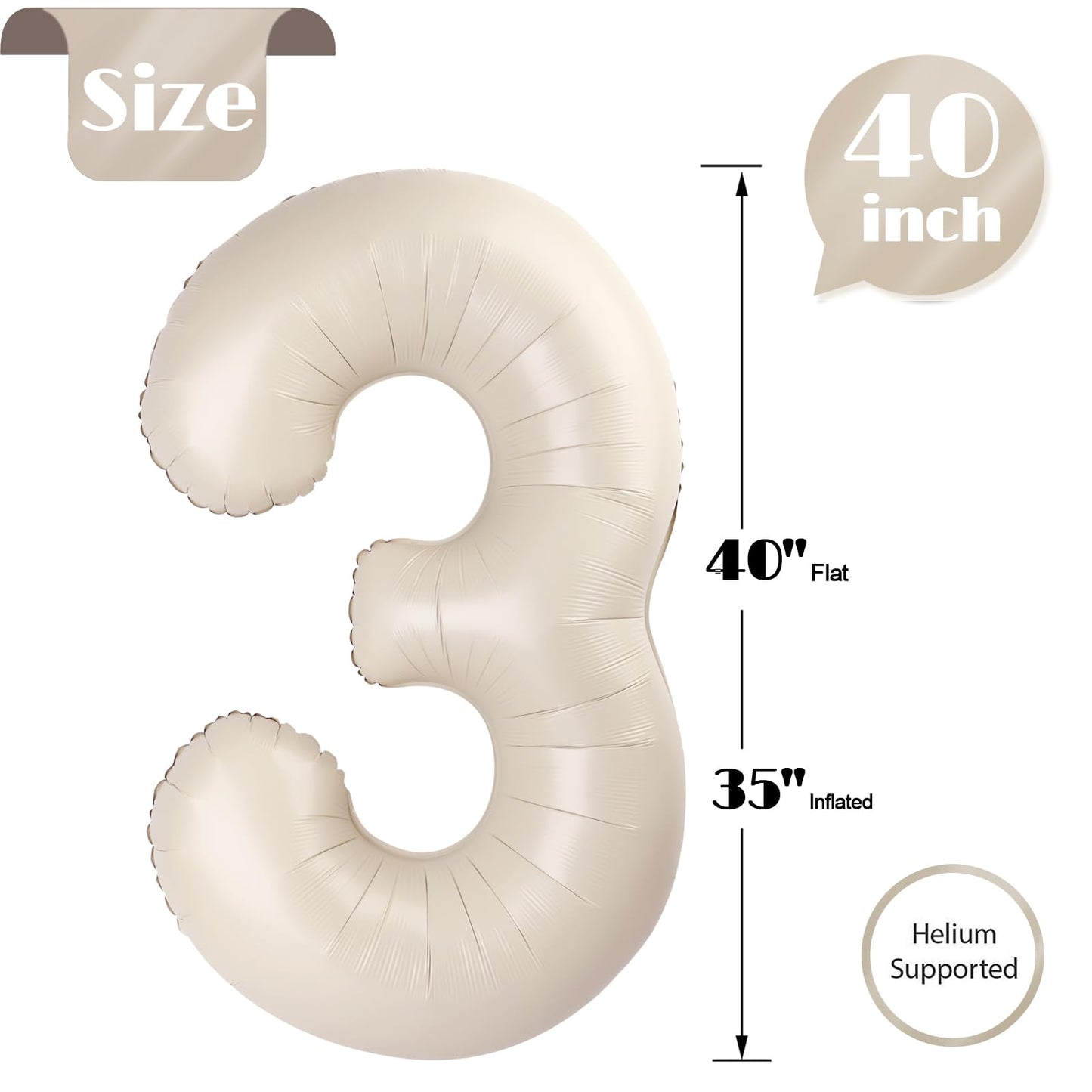 IWERP Cream Number 3 Balloon 40-Inch | 3rd Birthday Party Decor