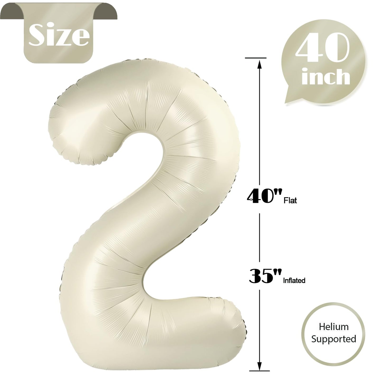 IWERP Cream Number 2 Balloon 40-Inch – 2nd Birthday Decorations for Babies, Boys & Girls