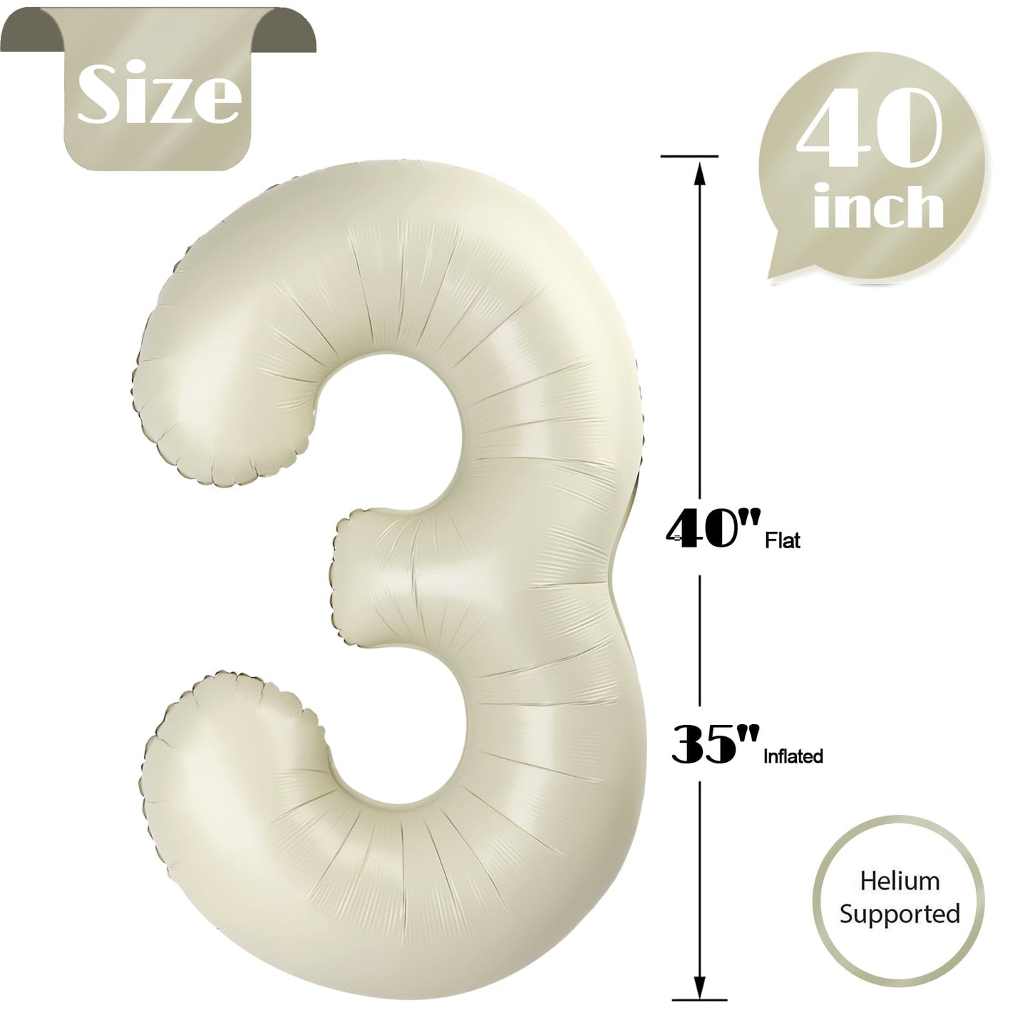 IWERP Cream Number 3 Balloon 40-Inch – 3rd Birthday Decorations