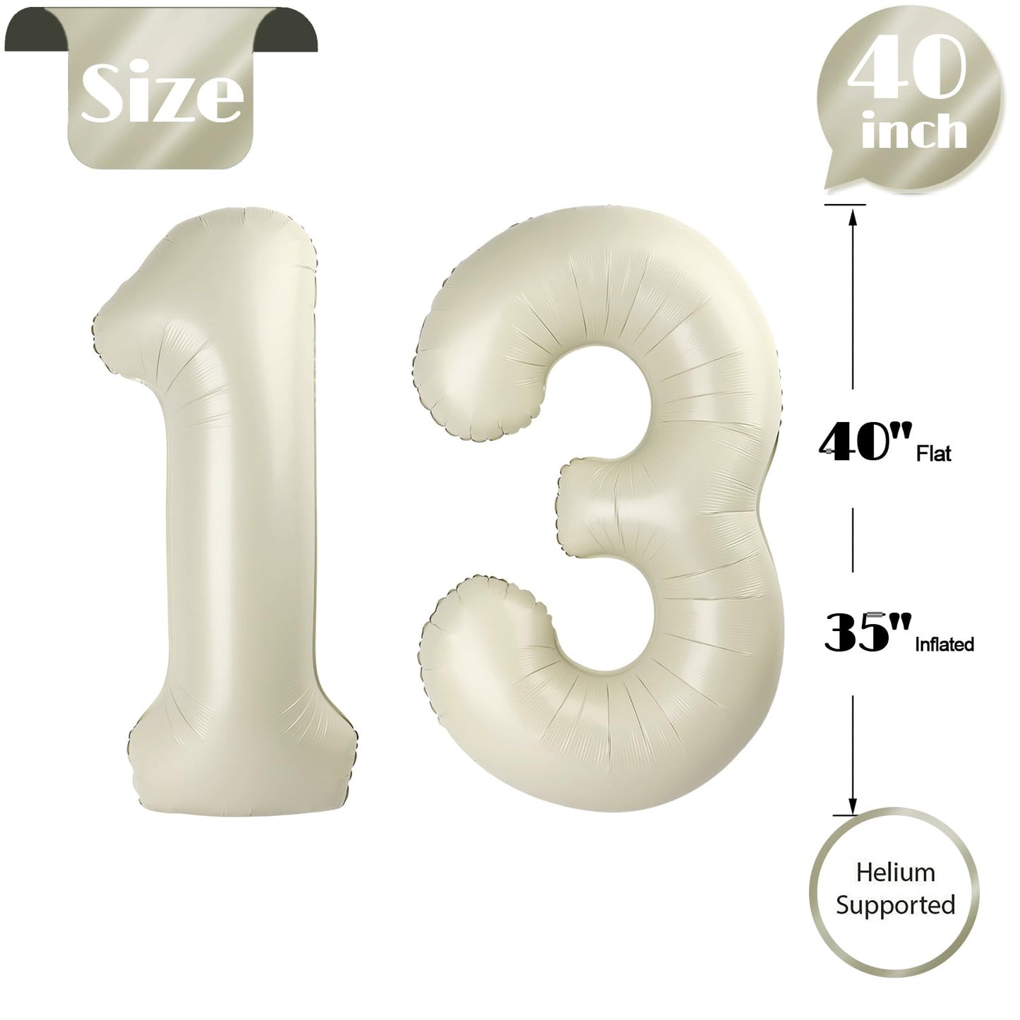IWERP 13-Number Cream Balloon — 40-Inch Birthday Balloons for 13th or 31st Milestones