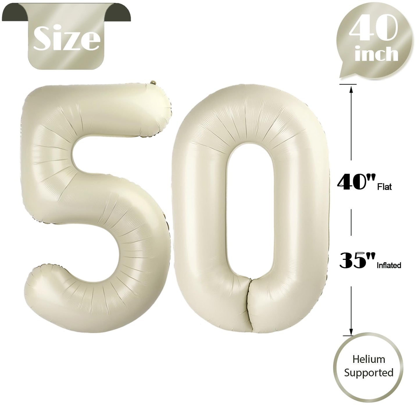 IWERP 50th Birthday Cream Number Balloon - 40-Inch Decor for Men & Women, 50th Anniversary Balloon