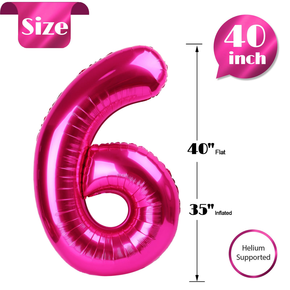 IWERP Hot Pink 40-Inch Number 6 Balloon for 6th Birthday Parties