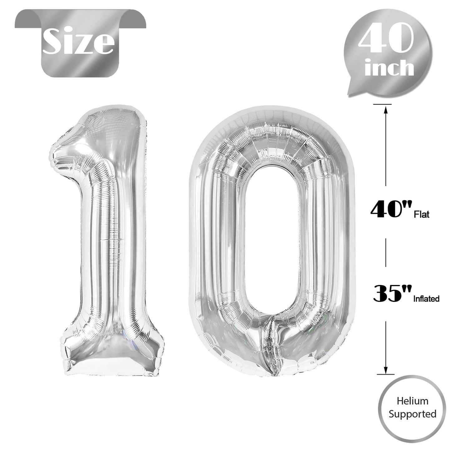 IWERP 10 Balloon Number – Silver 40-Inch 10th Birthday Balloons for Boys & Girls