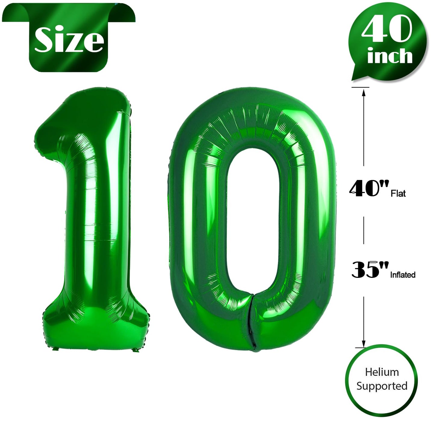 IWERP 40-Inch Green Number 10 Balloons – 10th Birthday Decorations for Boys & Girls