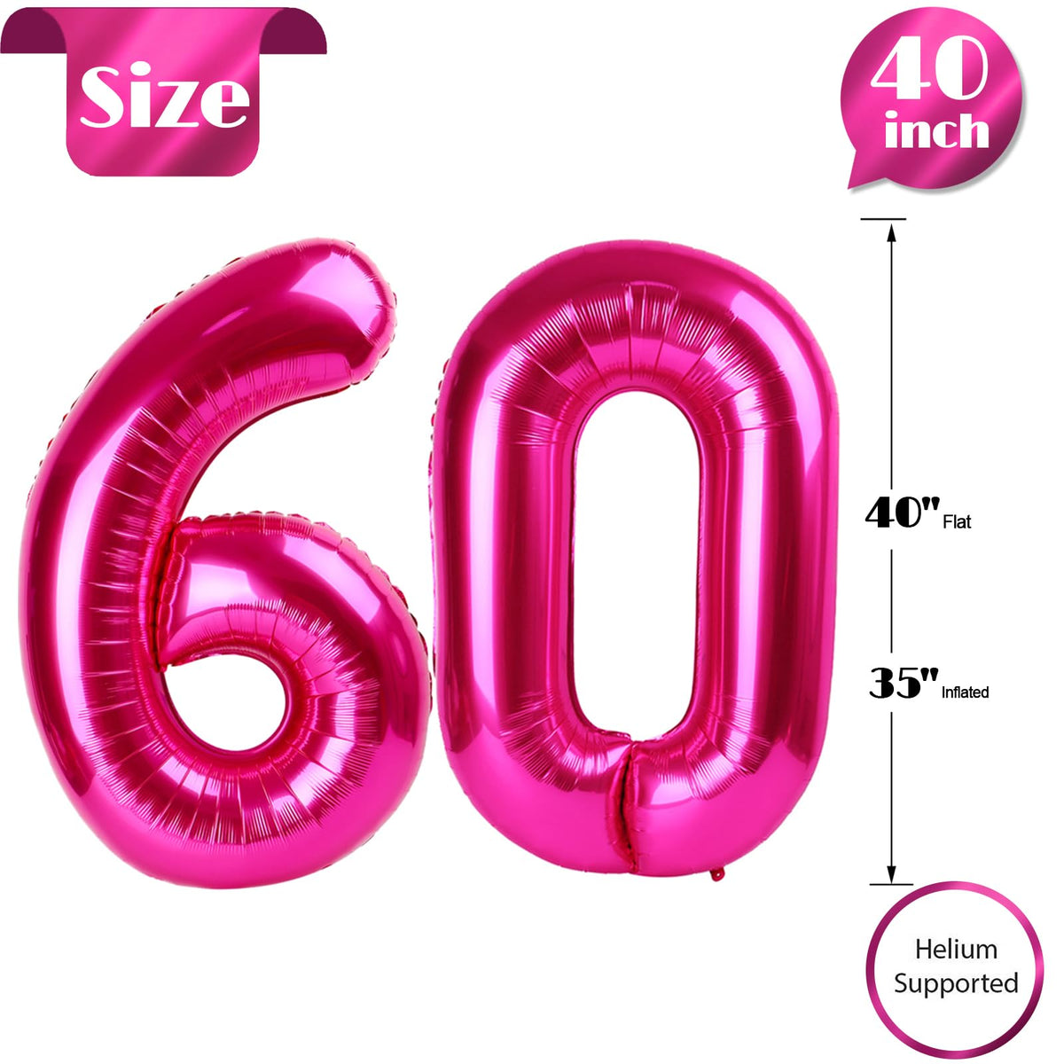 IWERP 60th Birthday Balloon – 40-Inch Hot Pink Number Balloon for Men, Women & Anniversary Decor