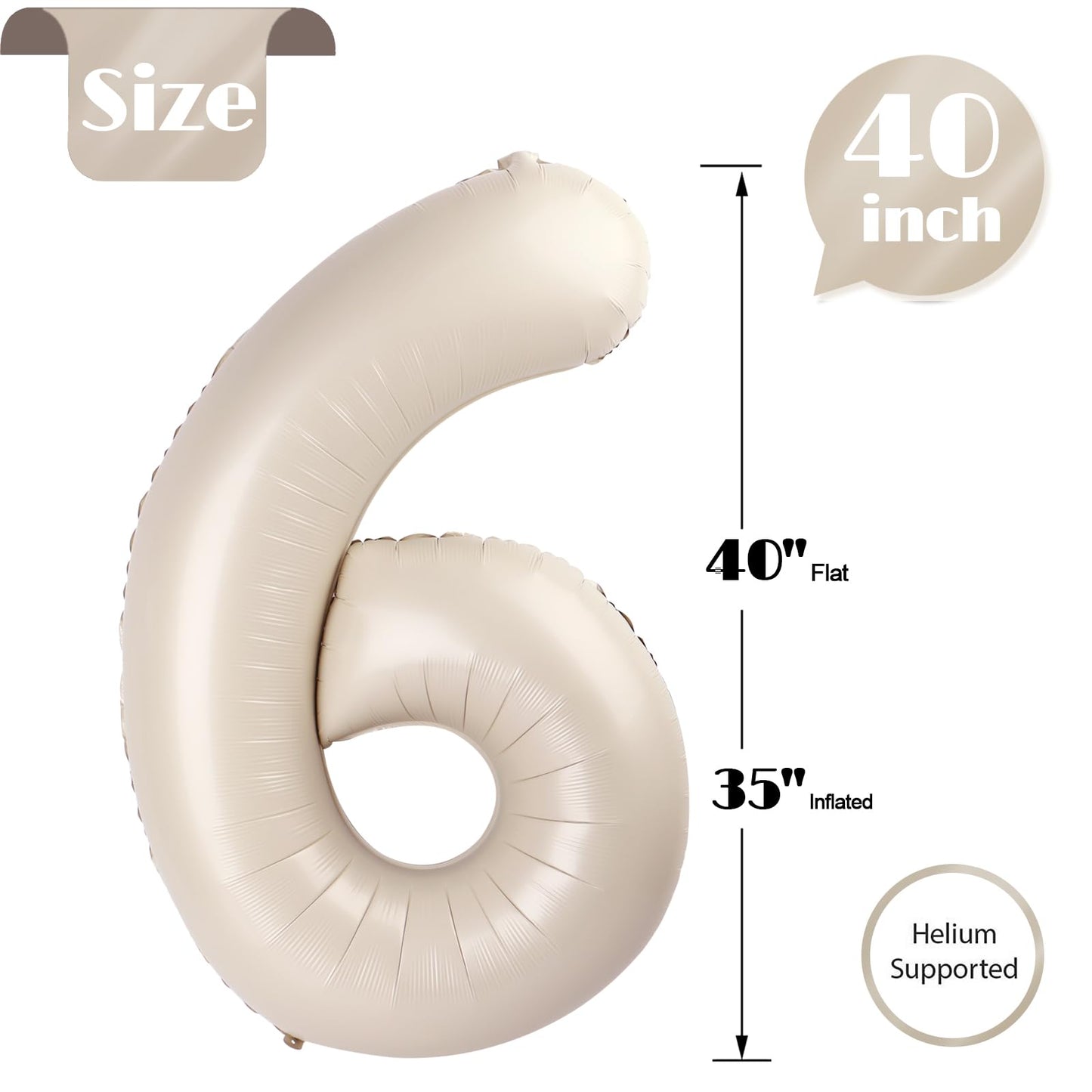 IWERP Cream Number 6 Balloon – 40 Inch Giant Foil Balloon for 6th Birthday