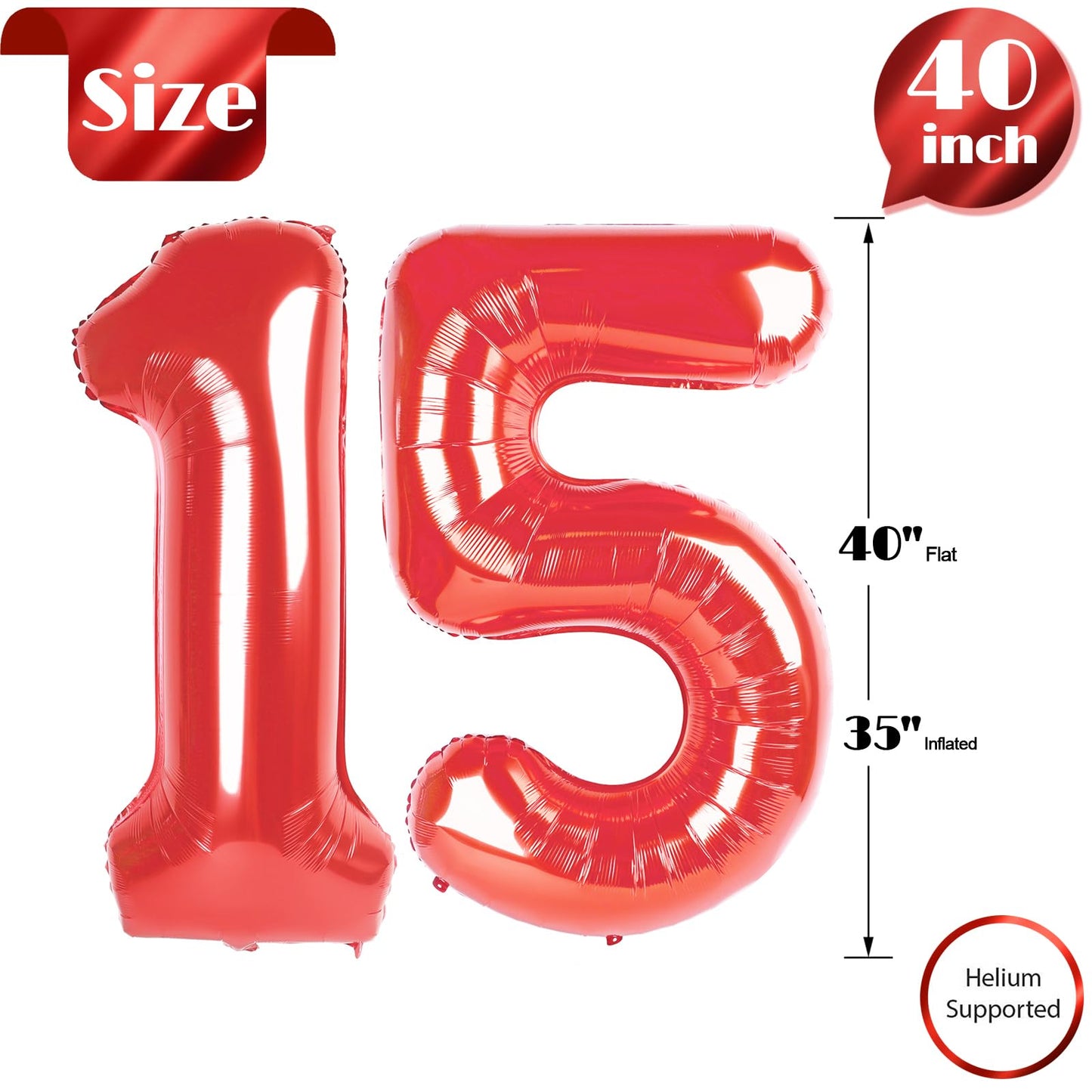 IWERP Red Number 15 Balloon – 40 Inch Foil Birthday Balloon for 15th Birthday Party Decor