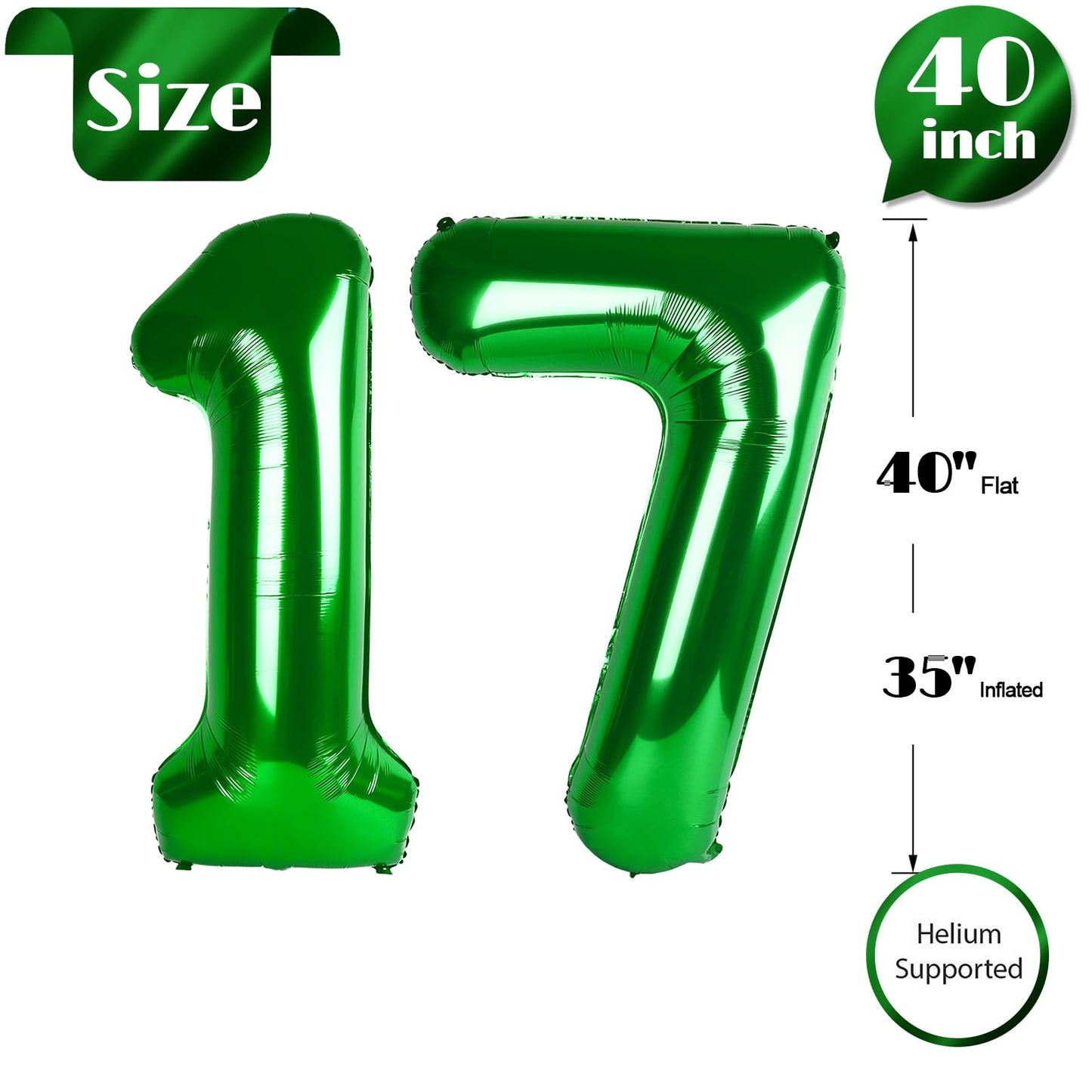 IWERP Green Number 17 Balloon - 40 Inch 17th Birthday Foil Balloon for Girls & Boys