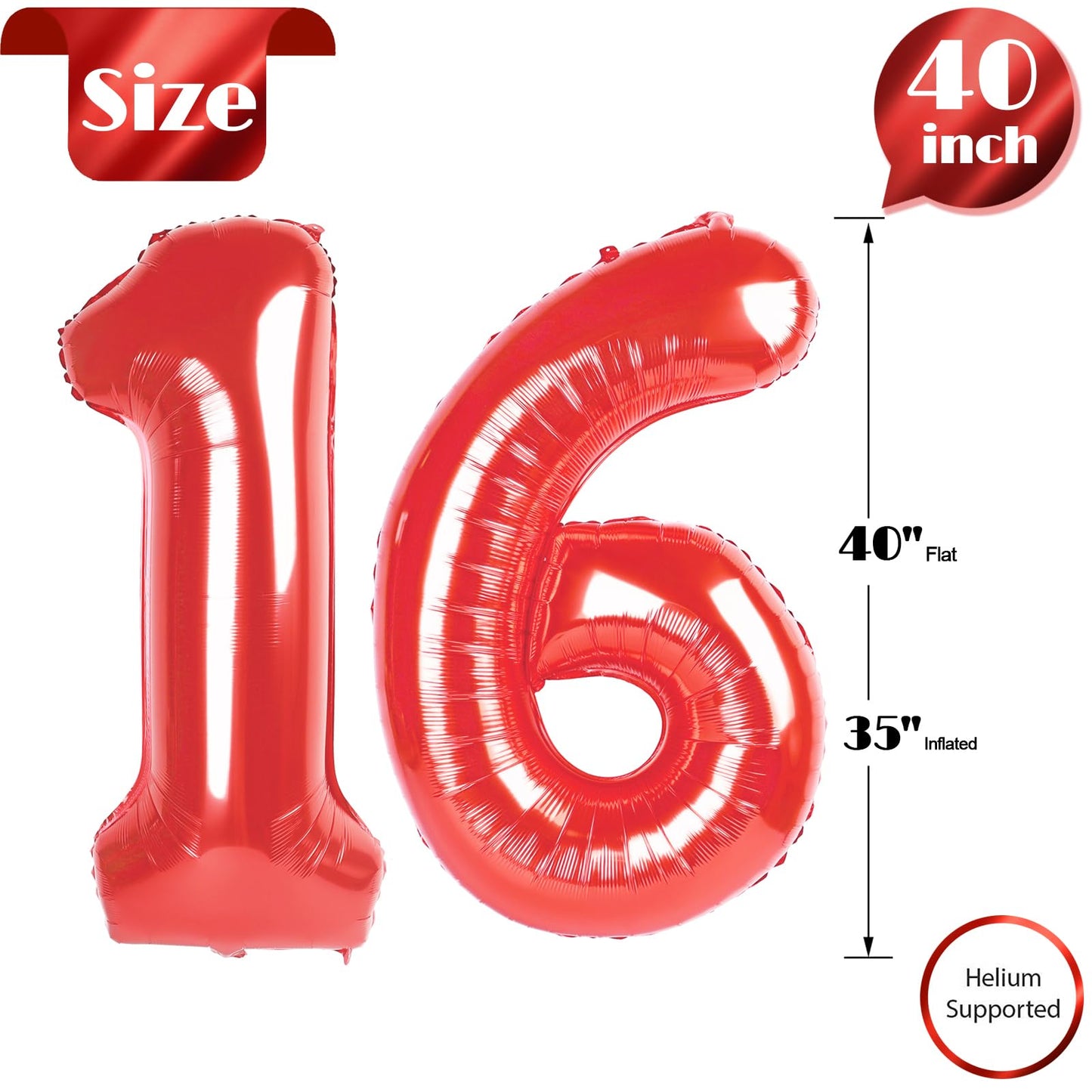 IWERP Red Number 16 Balloon – 40-Inch 16th Birthday Foil Balloon