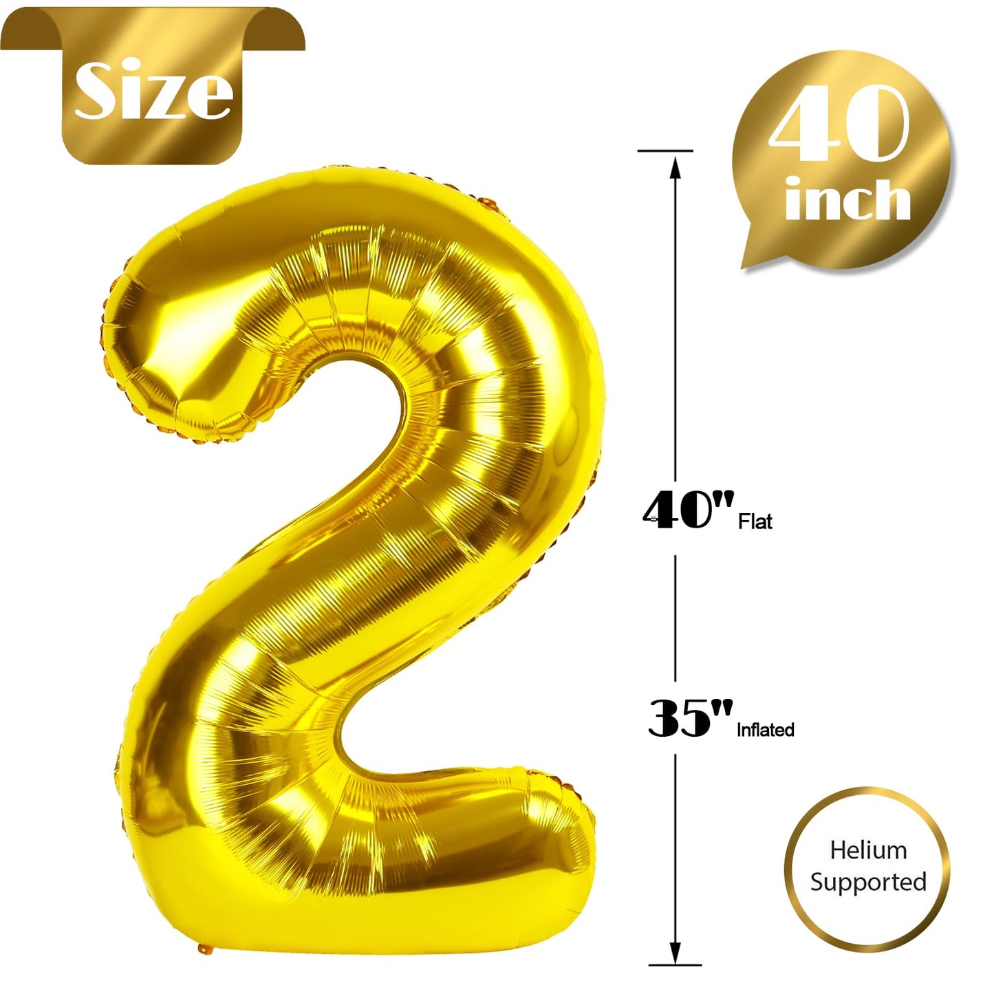 IWERP Gold Number 2 Balloon 40 Inch – 2nd Birthday Decorations for Babies, Girls & Boys