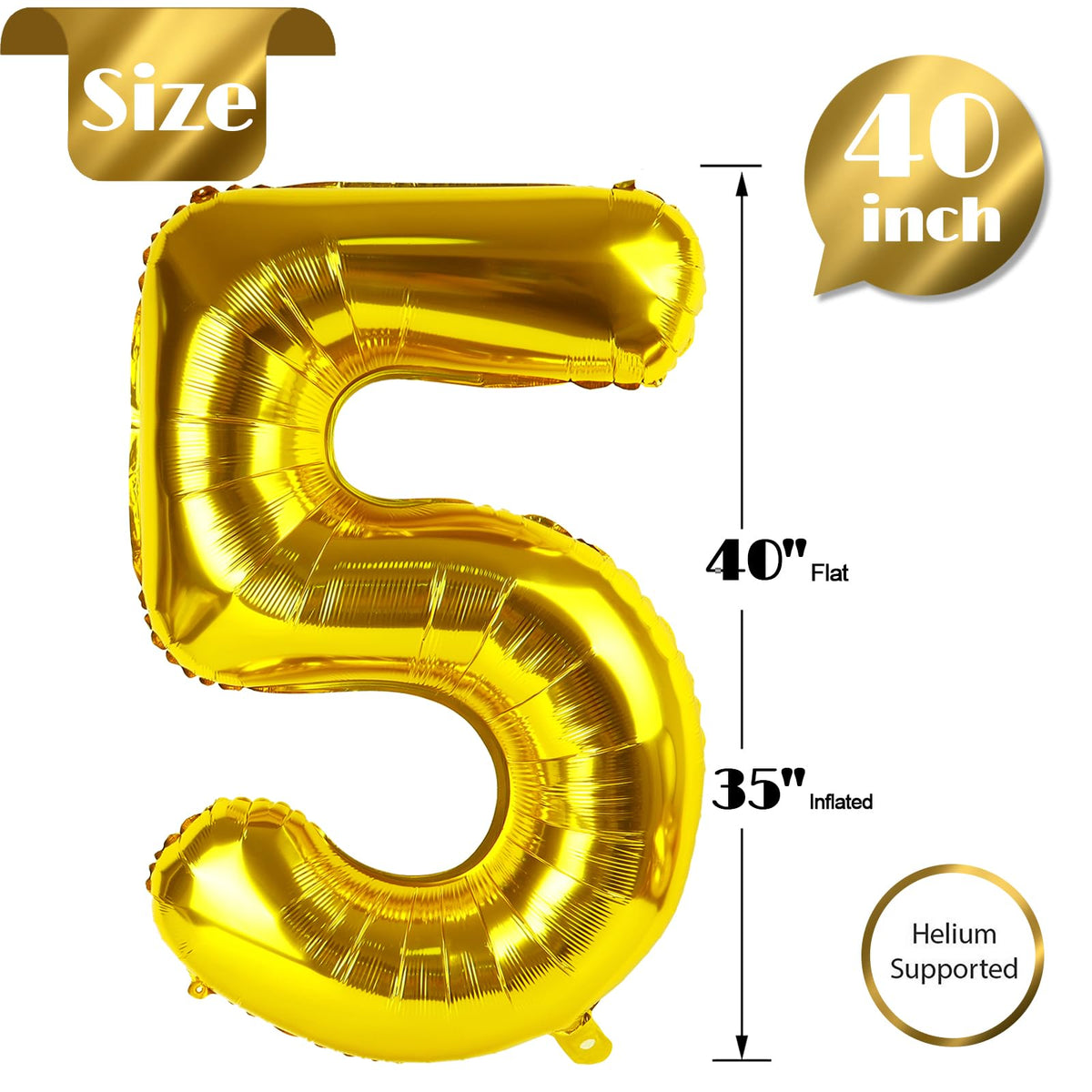 IWERP Gold Number 5 Balloon 40-Inch | 5th Birthday Decorations & Gold Party Supplies