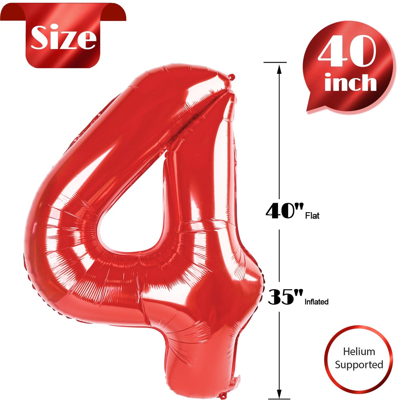 IWERP Red Number 4 Balloon 40-Inch | 4th Birthday Decorations & Red Party Supplies