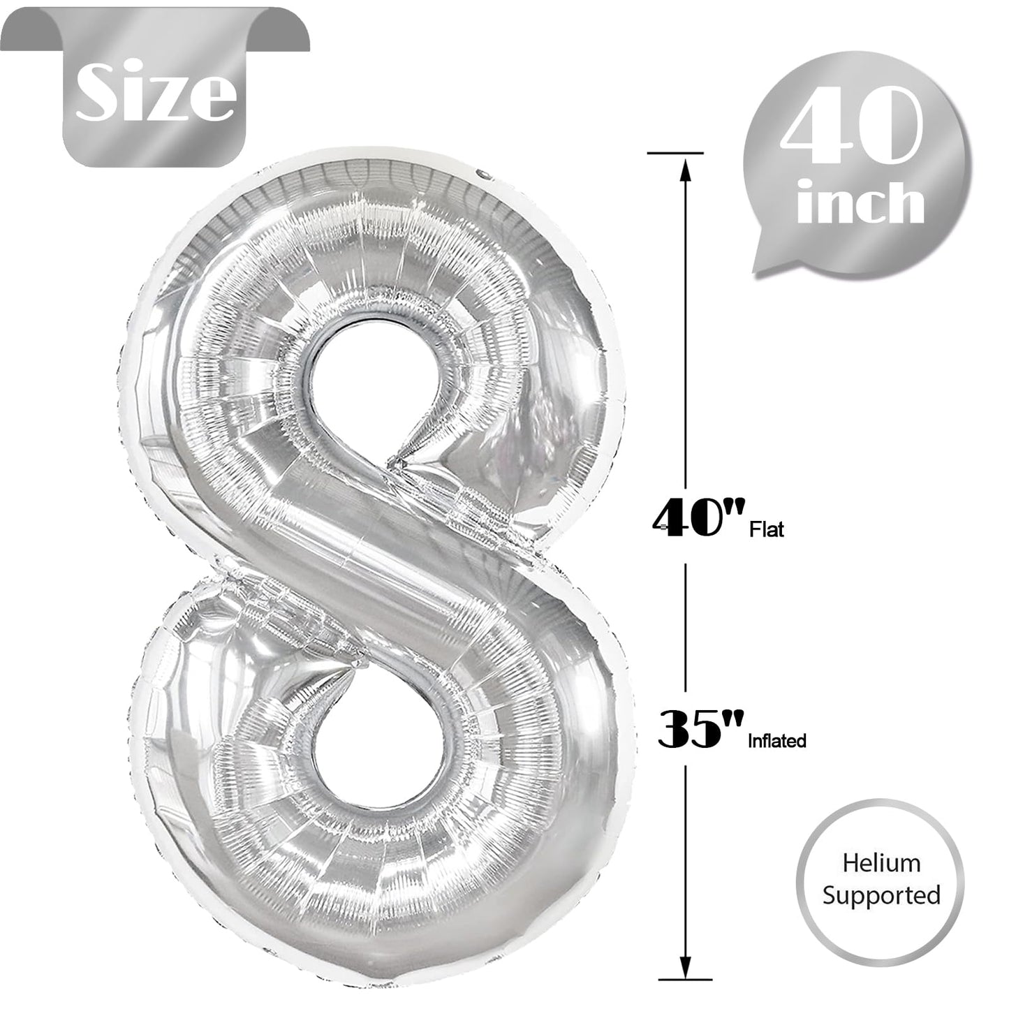 IWERP Silver Number 8 Balloon – 40 Inch 8th Birthday Decoration