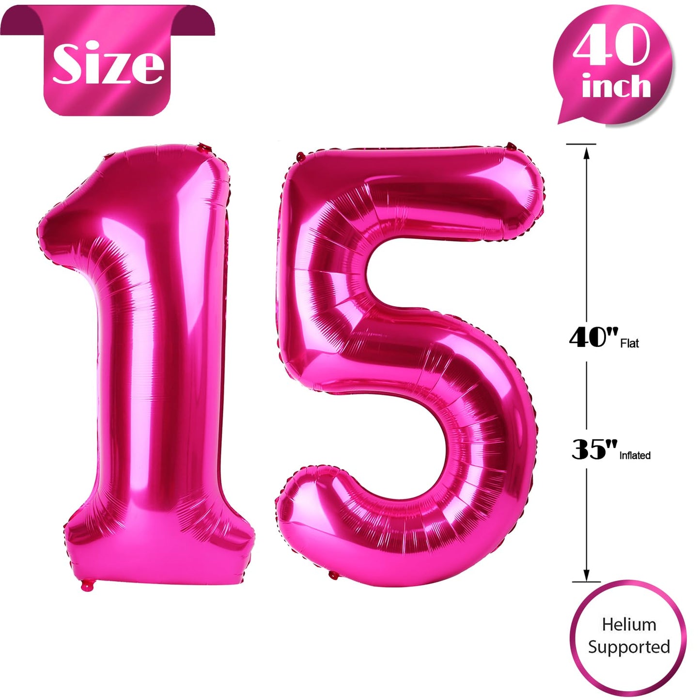 IWERP Hot Pink Number 15 Balloon – 40 Inch 15th Birthday Decorations for Girls