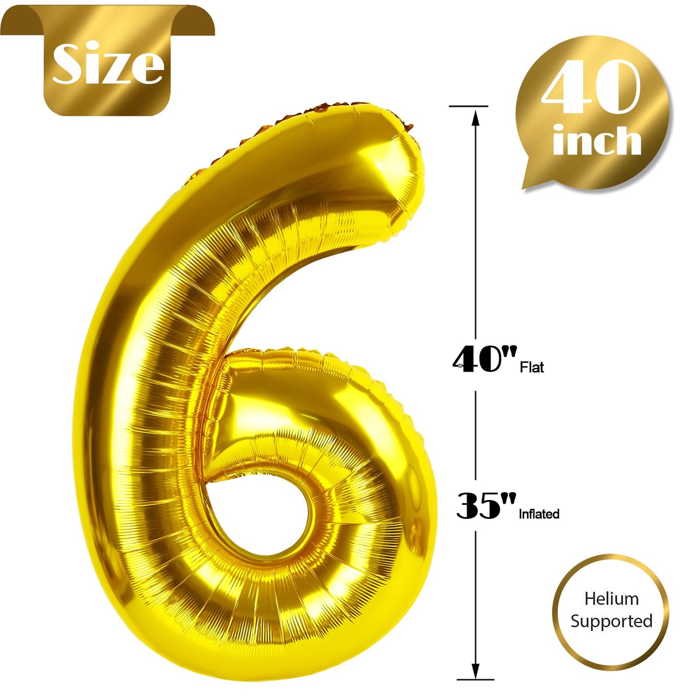 IWERP Gold Number 6 Balloon - 40 Inch Giant Birthday Foil Decoration
