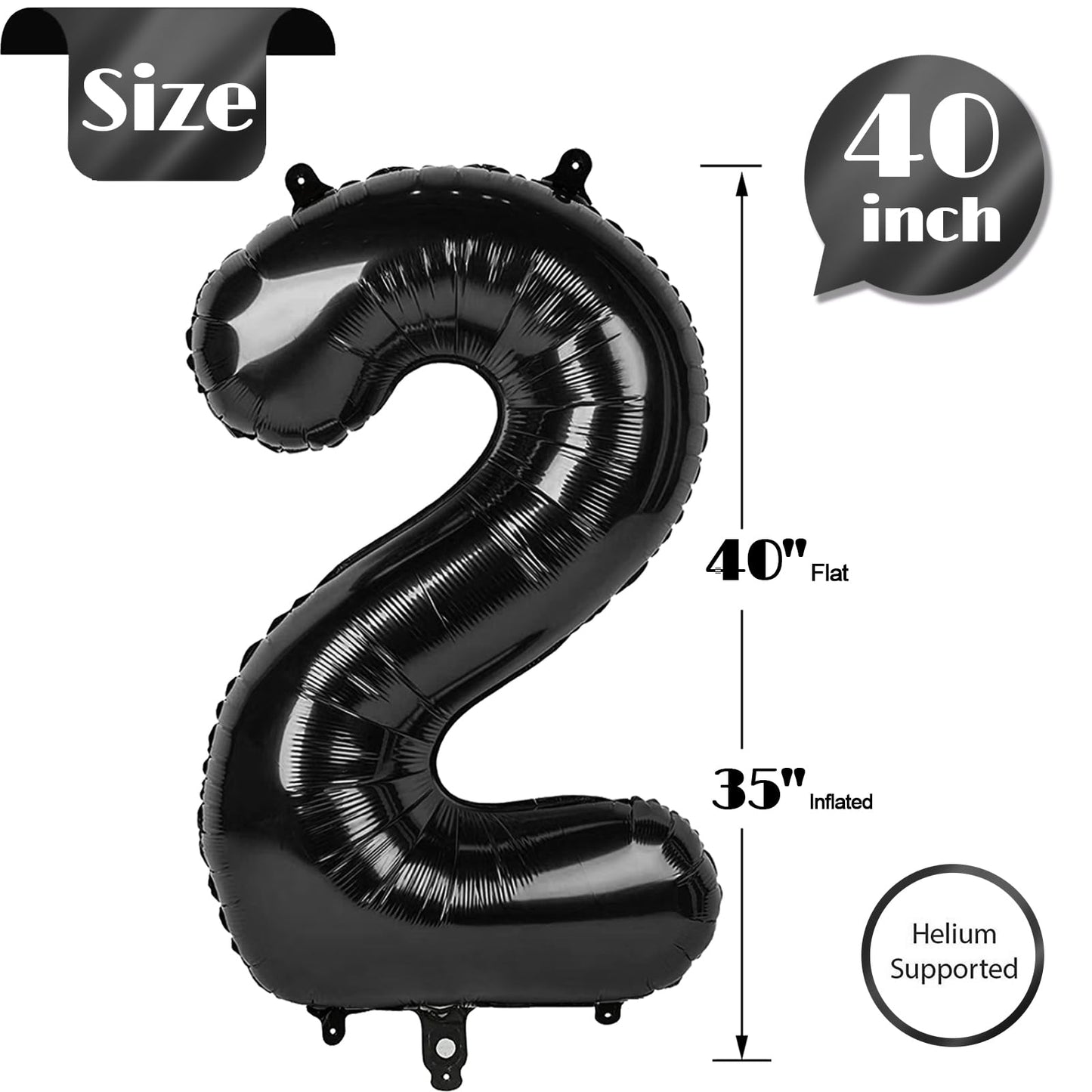 IWERP Black 40-Inch Number 2 Balloon – 2nd Birthday Decorations for Baby Girls & Boys