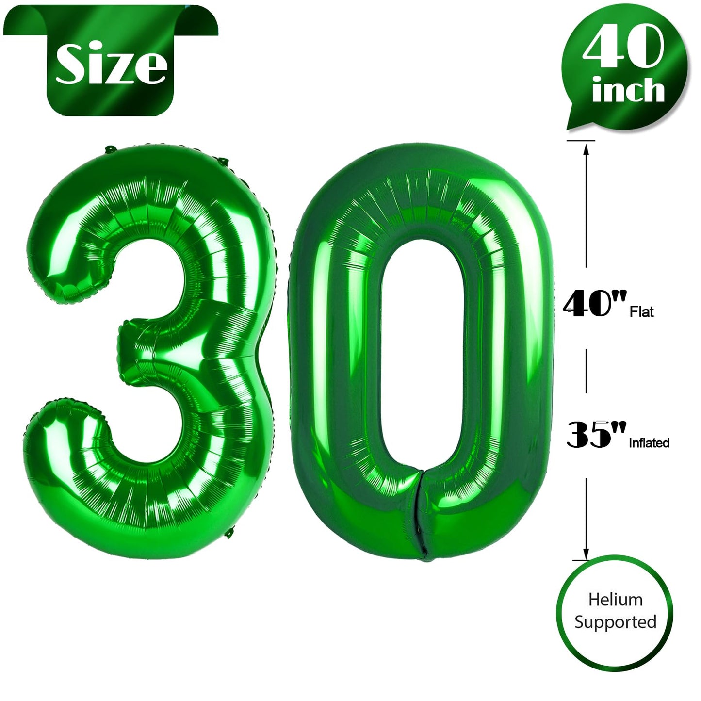 IWERP Green Number 30 Balloon - 40 Inch 30th Birthday Decoration, Milestone Party Prop