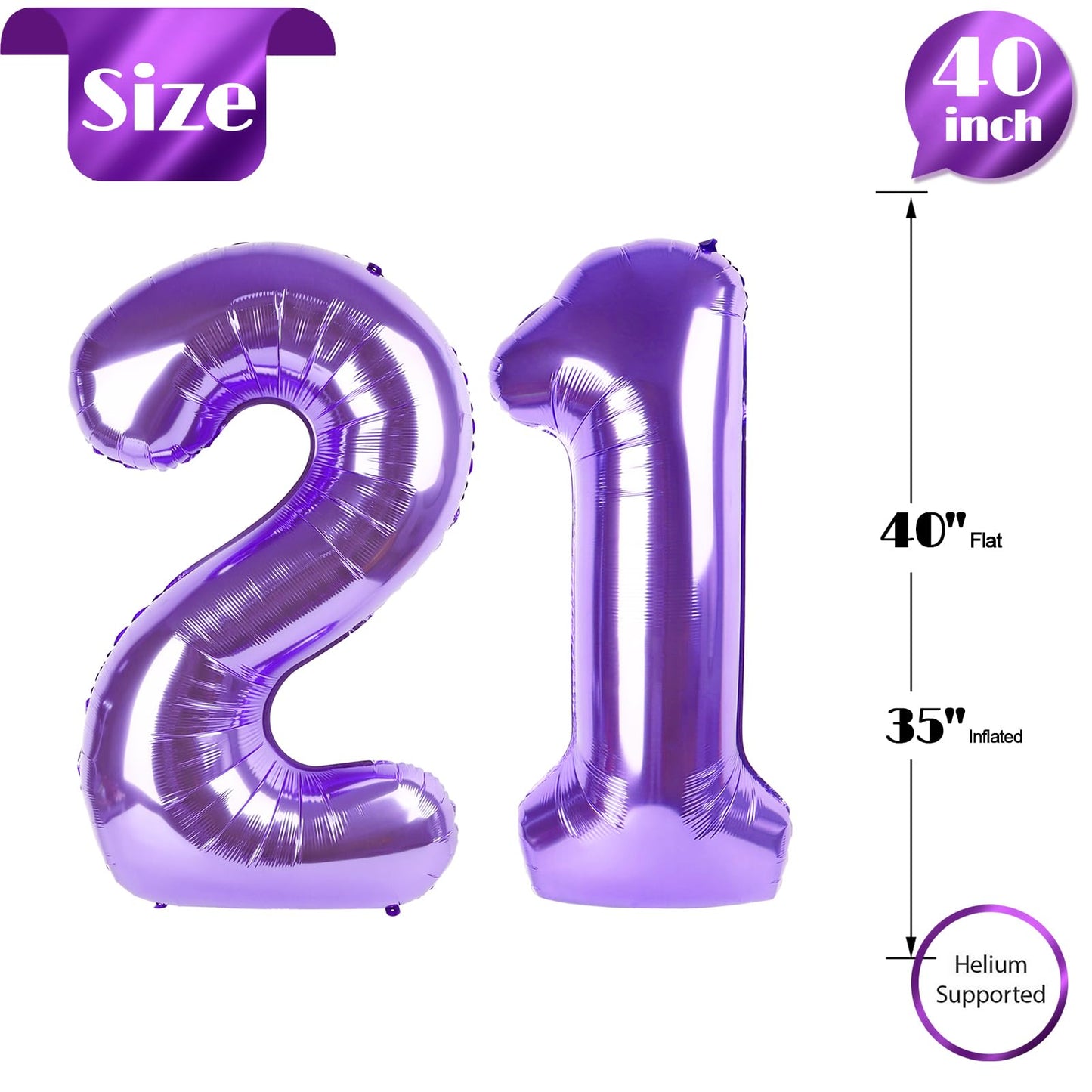 IWERP Purple Number 21 Balloon - 40 Inch 21st Birthday Decorations for Girls & Boys