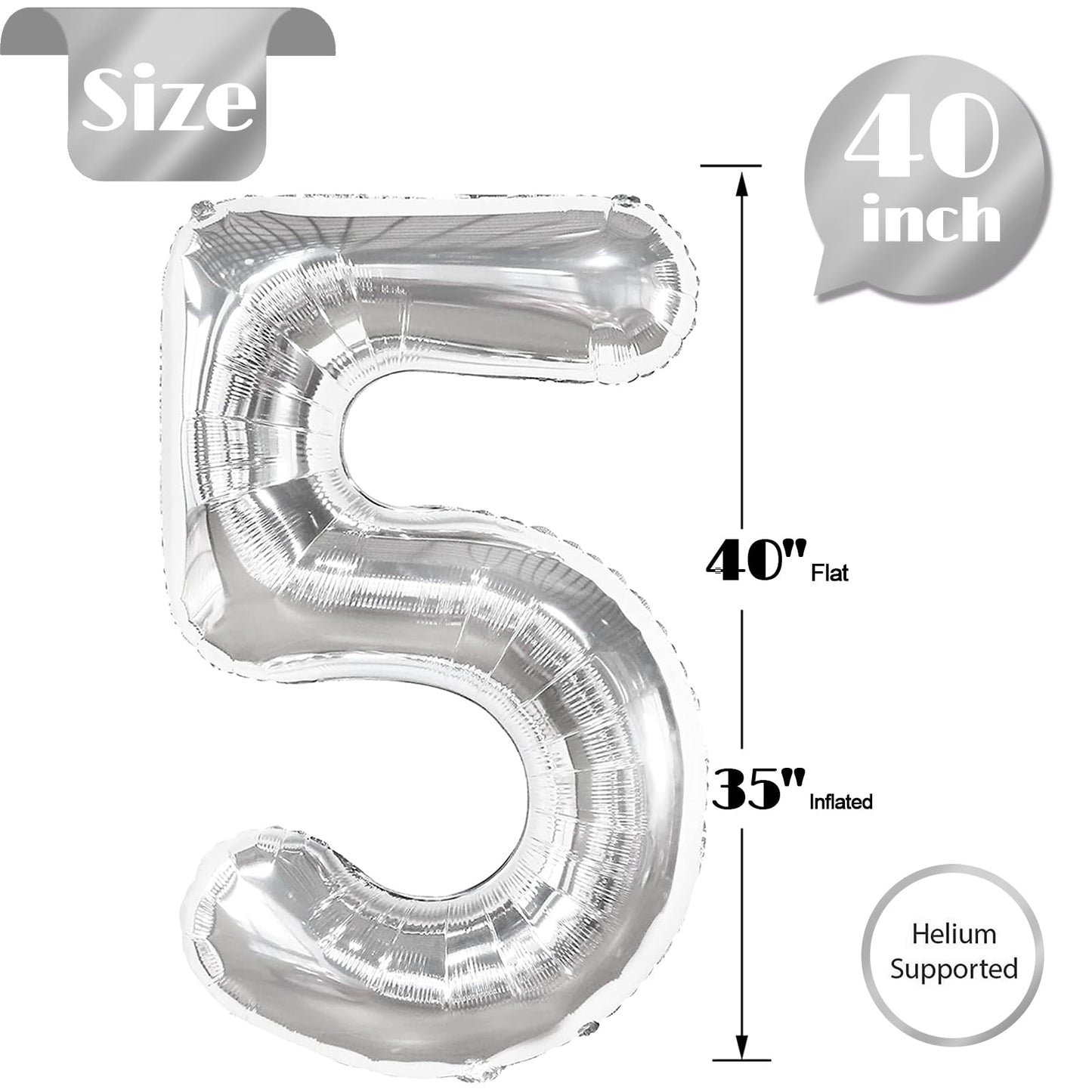 IWERP Silver Number 5 Balloon 40 Inch | Giant 5th Birthday Foil Balloon
