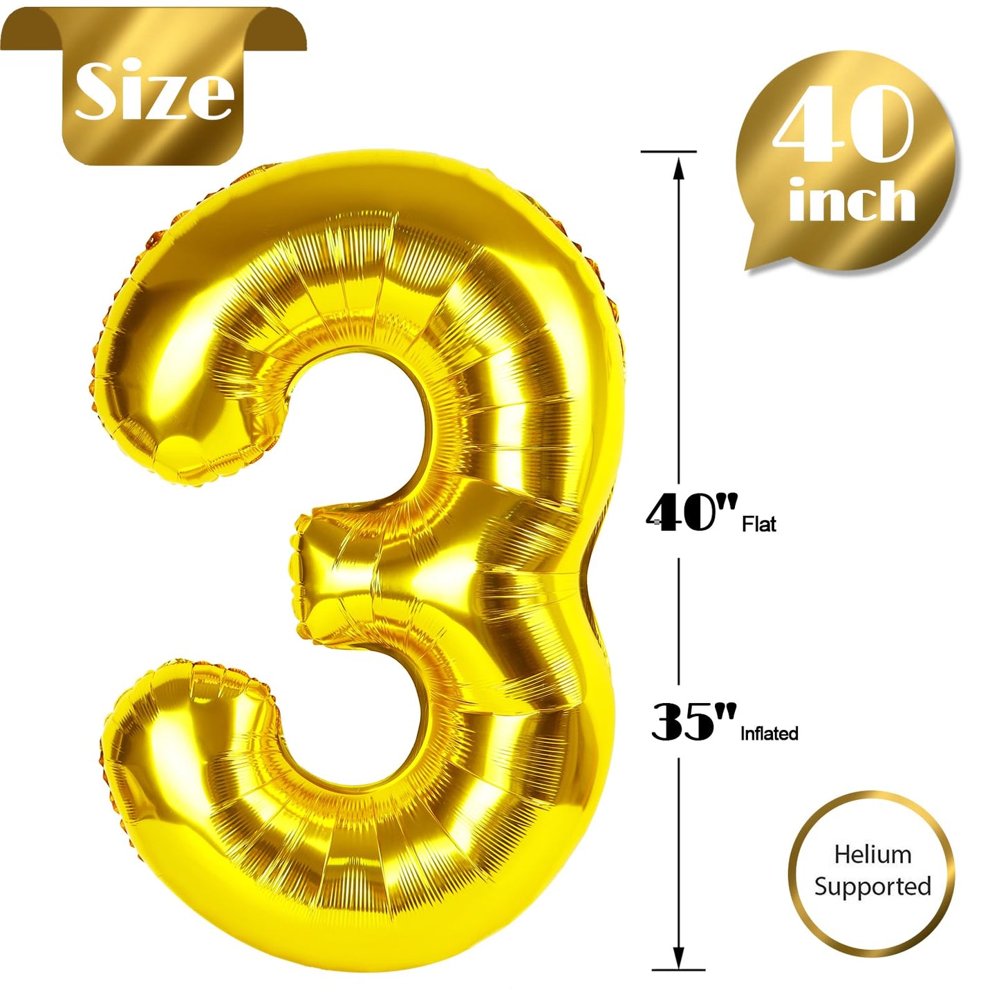 IWERP Gold Number 3 Balloon 40-Inch | 3rd Birthday Party Decor