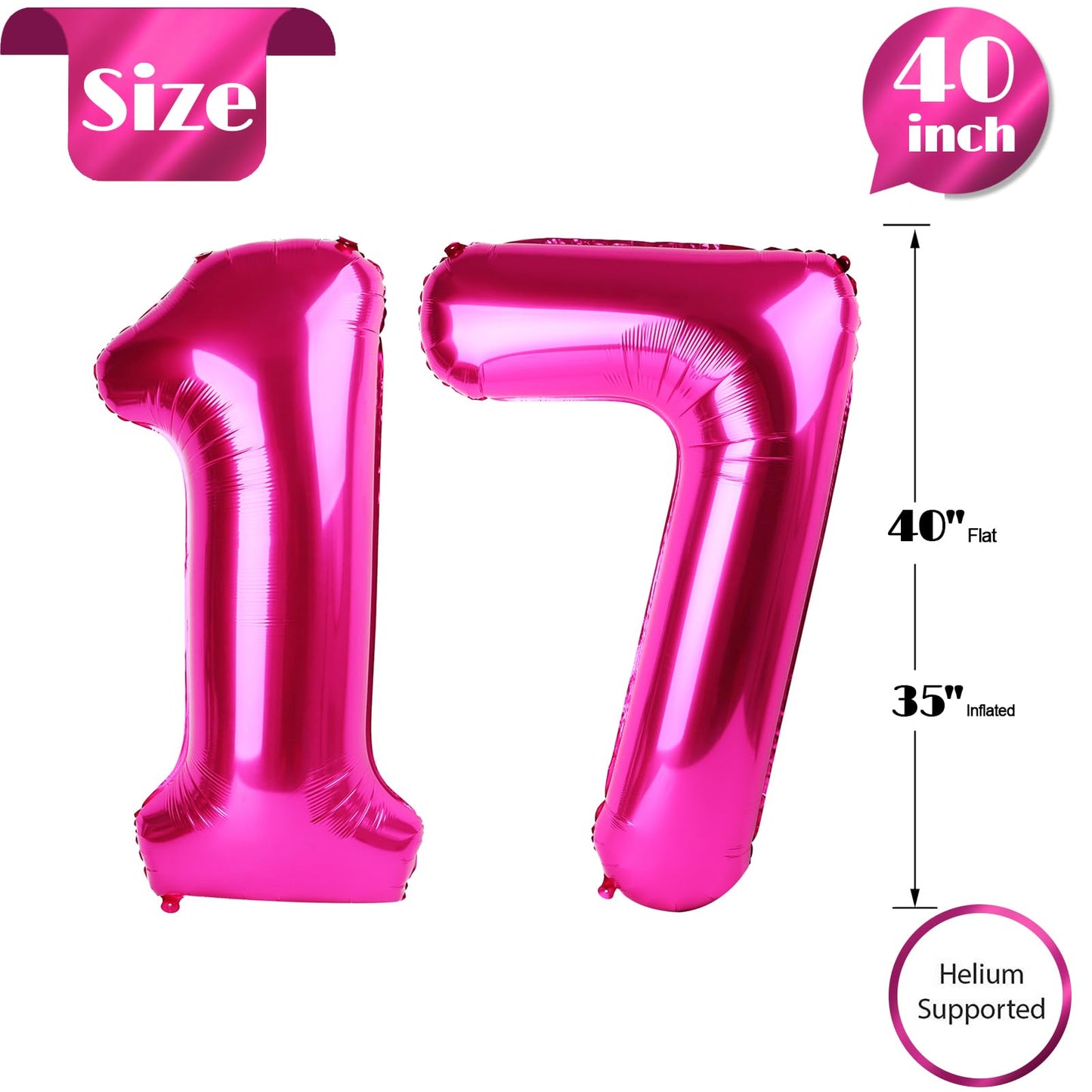 IWERP Hot Pink 40-Inch 17th Birthday Balloon – 17 Number Foil Balloon
