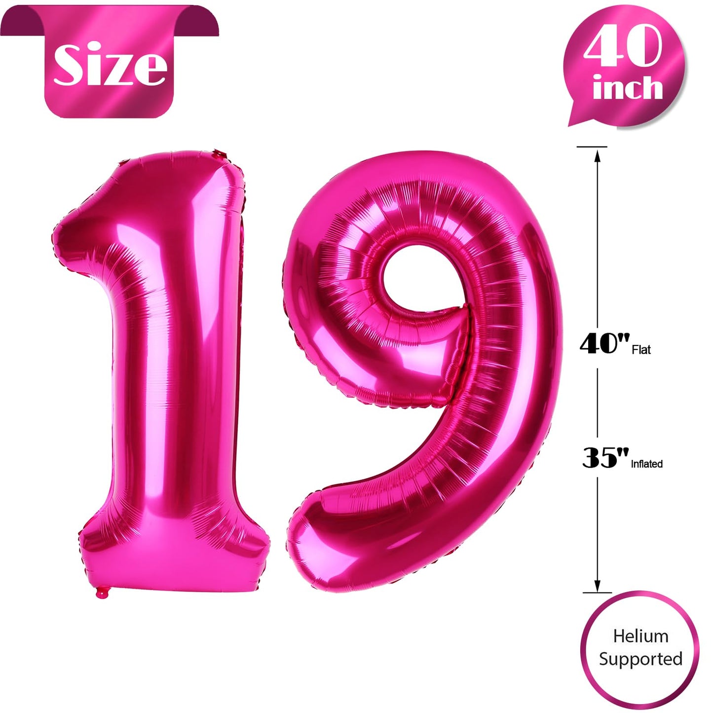 IWERP Hot Pink 40-Inch Number 19 Balloon – 19th Birthday Decorations