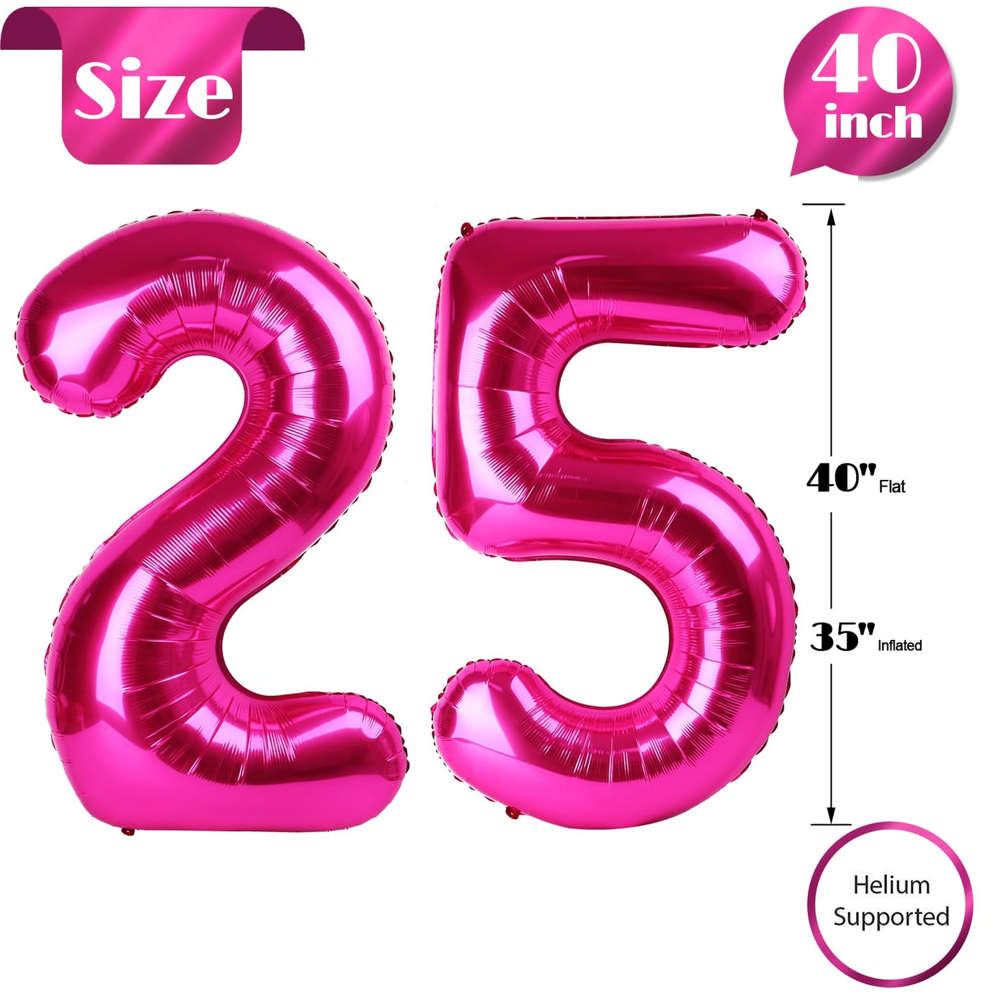 IWERP Hot Pink Number 25 Balloon – 40 Inch Birthday Decor, 25th Birthday Supplies