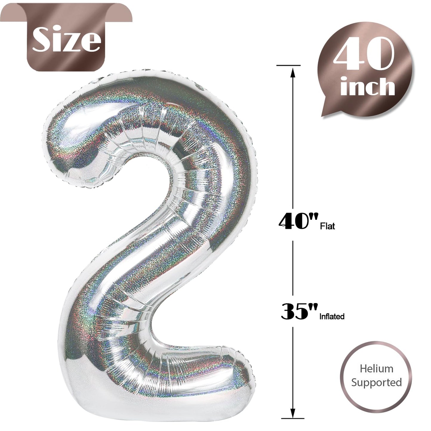 IWERP Laser Silver 2 Balloon – 40-Inch Number Balloon for 2nd Birthday Decor