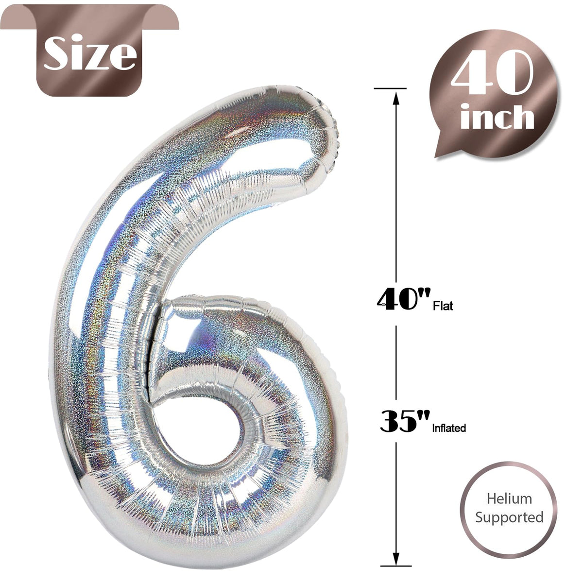 IWERP Laser Silver 6 Balloon - 40-Inch 6th Birthday Number Balloon for Elegant Party Decor