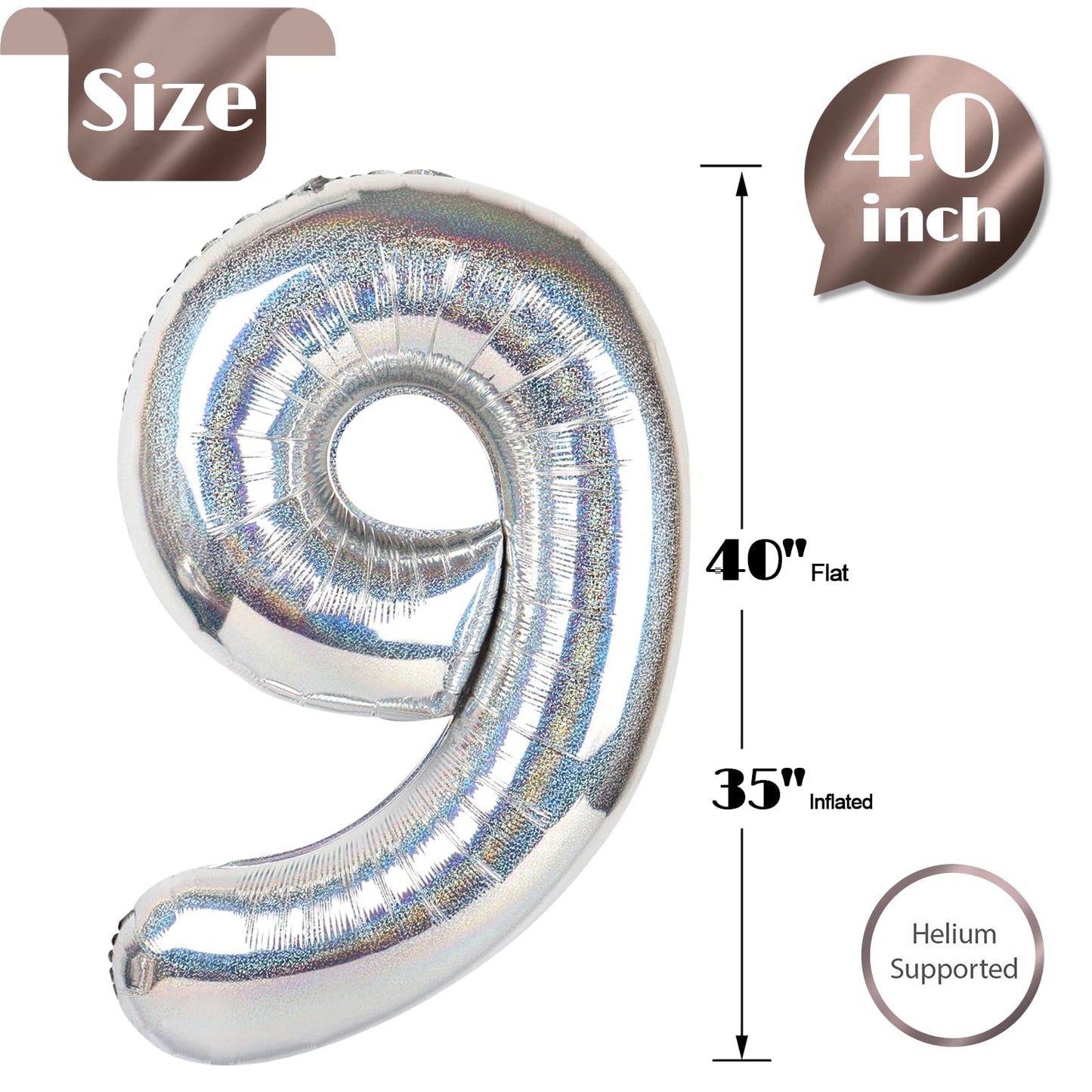 IWERP Laser Silver 9 Balloon - 40-Inch Giant Number for 9th Birthday