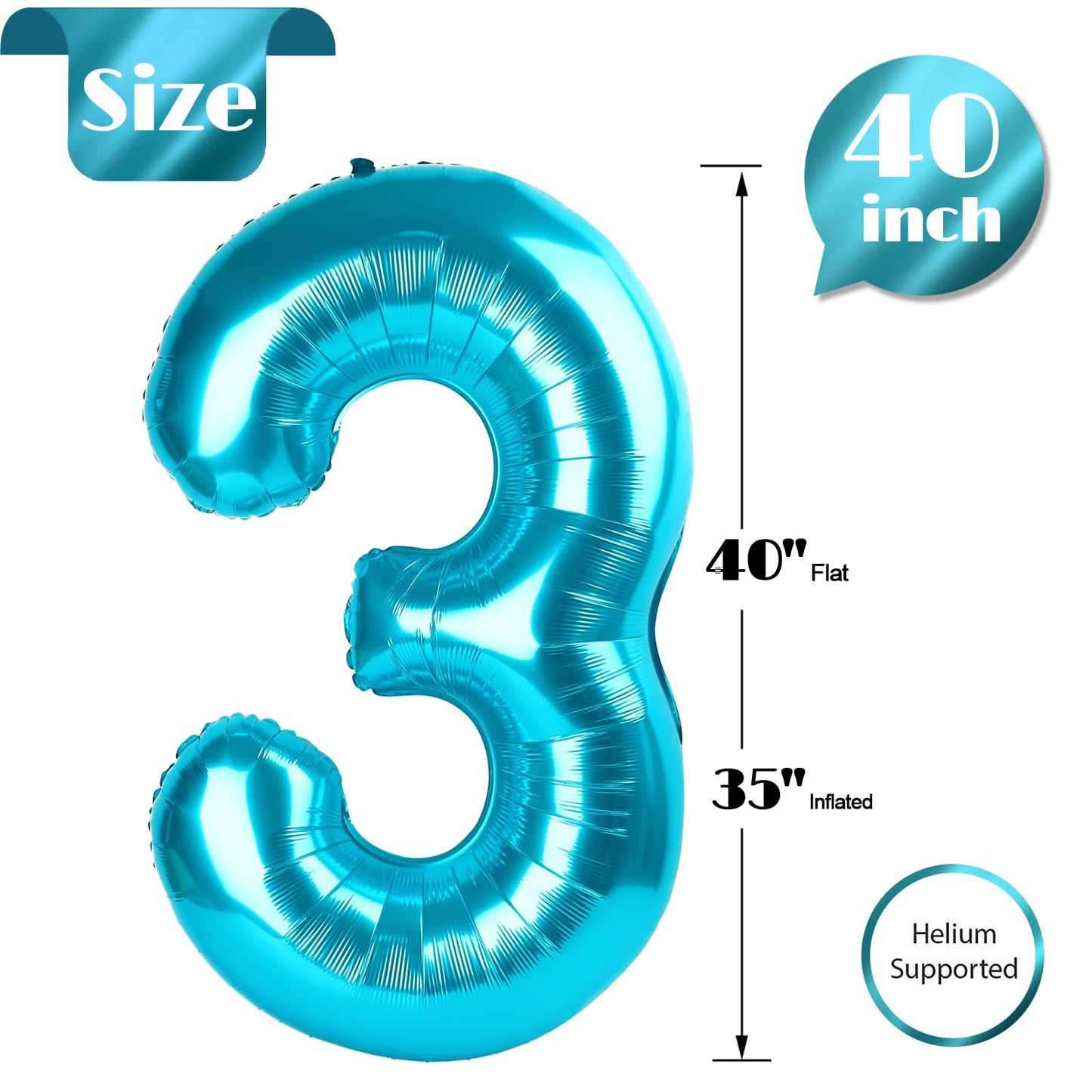 IWERP Light Blue 40-Inch Number 3 Balloon – 3rd Birthday Decorations & Party Supplies