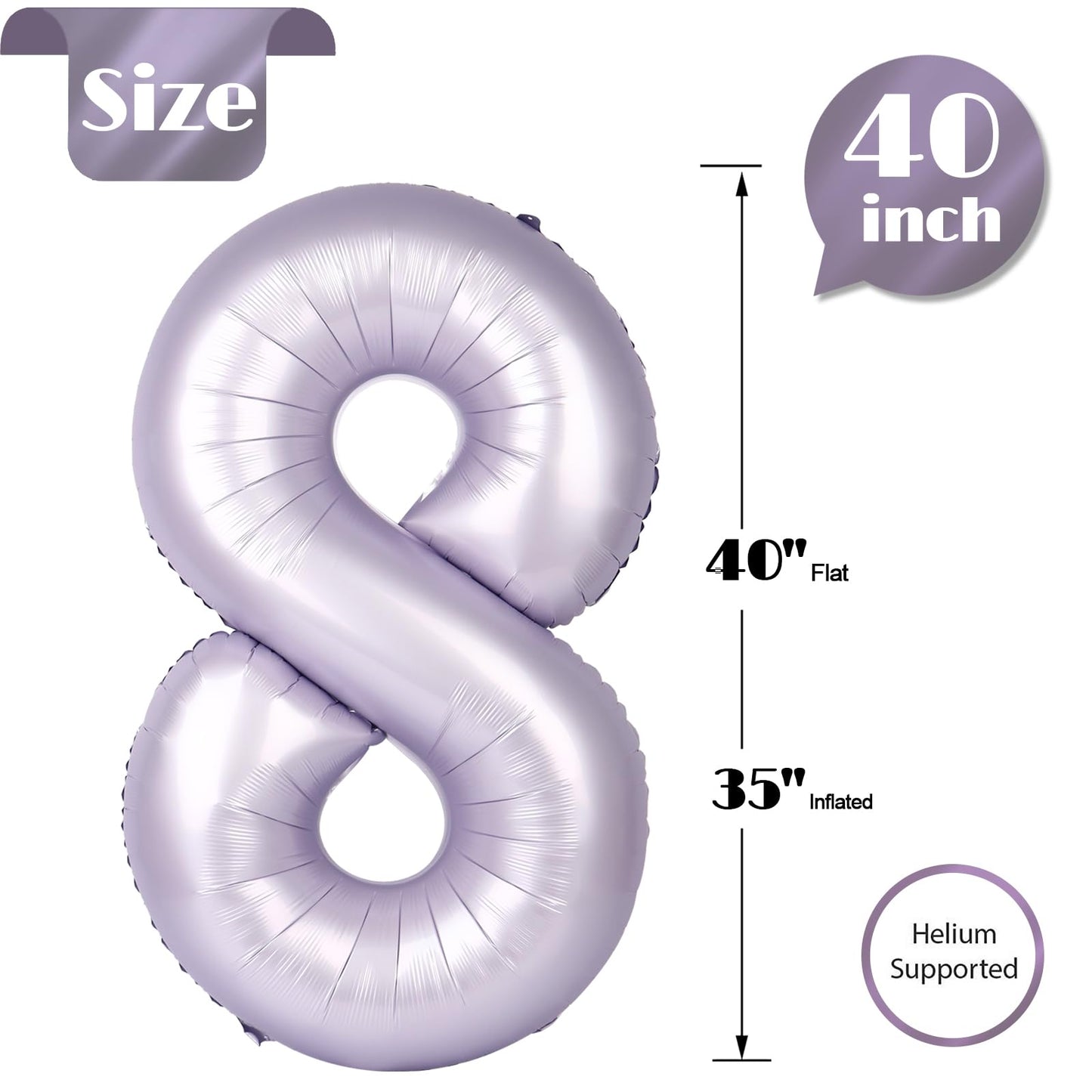 IWERP Lilac Number 8 Balloon — 40-Inch Giant 8th Birthday Foil Balloon for Party Decor