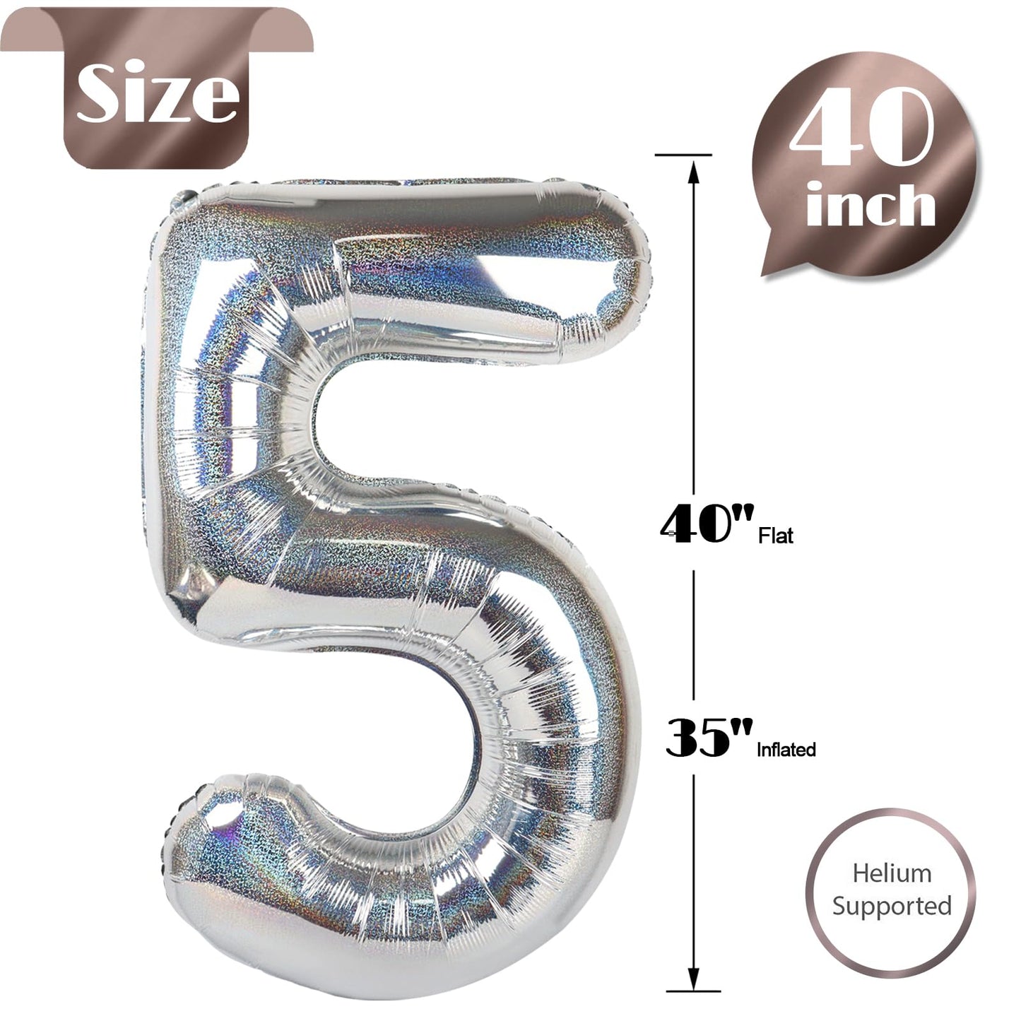 IWERP Laser Silver 5 Balloon – 40-inch 5th Birthday Number Balloons