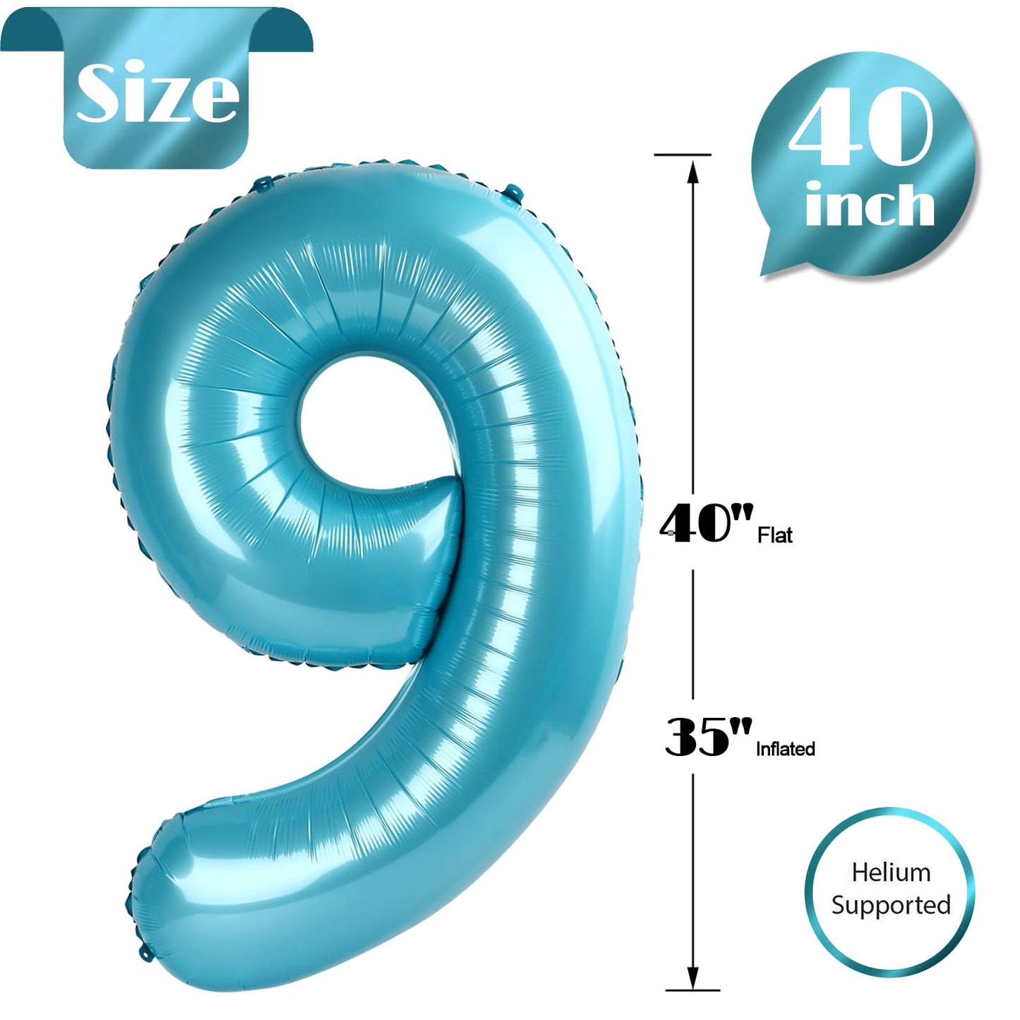 iWERP Pearlescent Blue Number 9 Balloon — 40-Inch 9th Birthday Party Decor for Boys & Girls