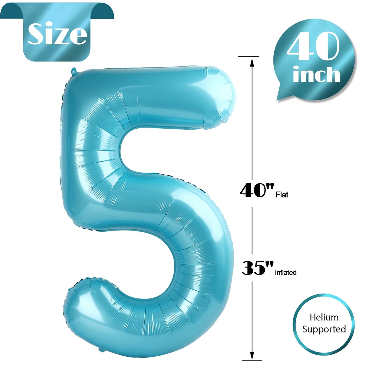 IWERP Pearlescent Blue 40-Inch Number 5 Balloon – 5th Birthday Decorations