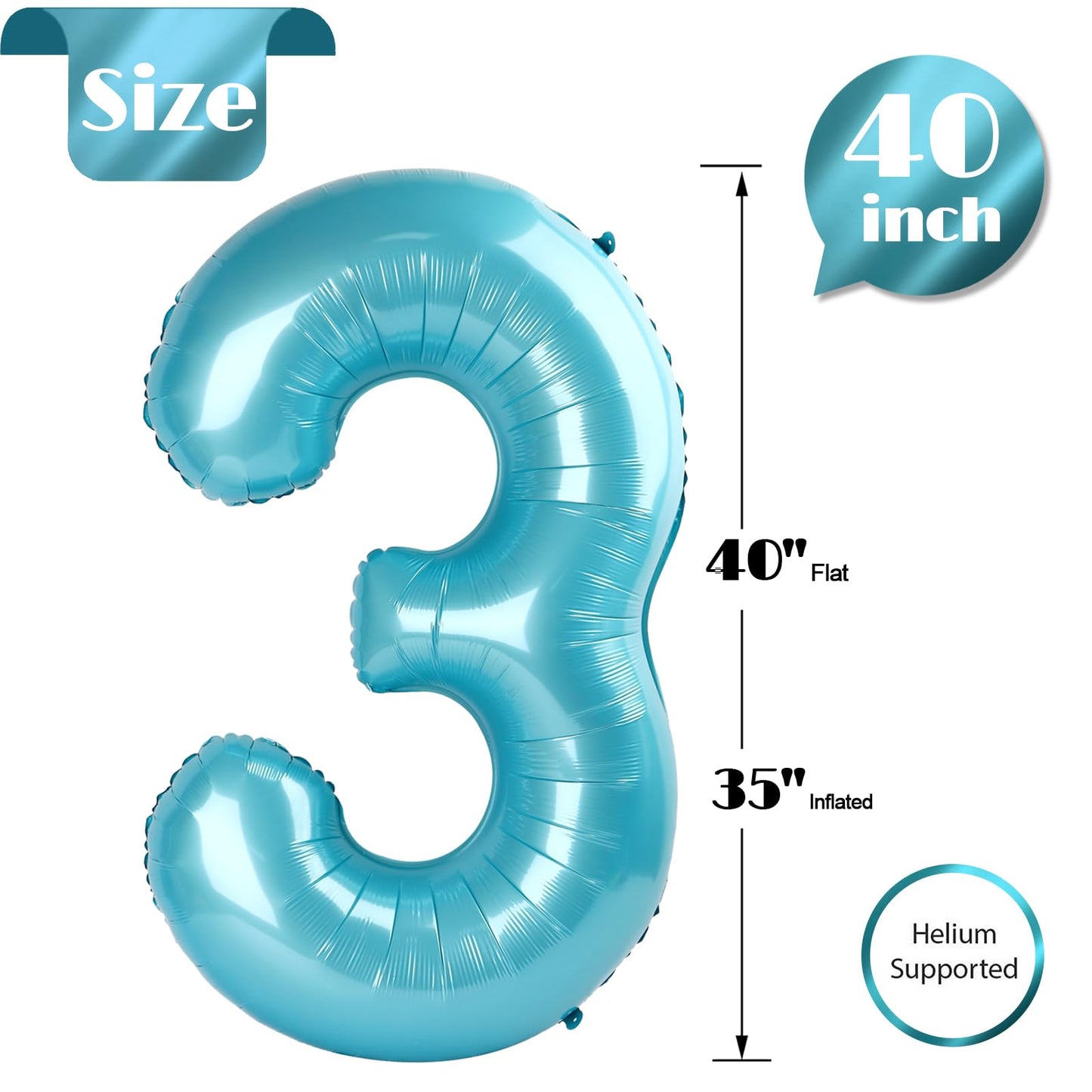 IWERP Pearlescent Blue 40-Inch Number 3 Balloon – 3rd Birthday Decor