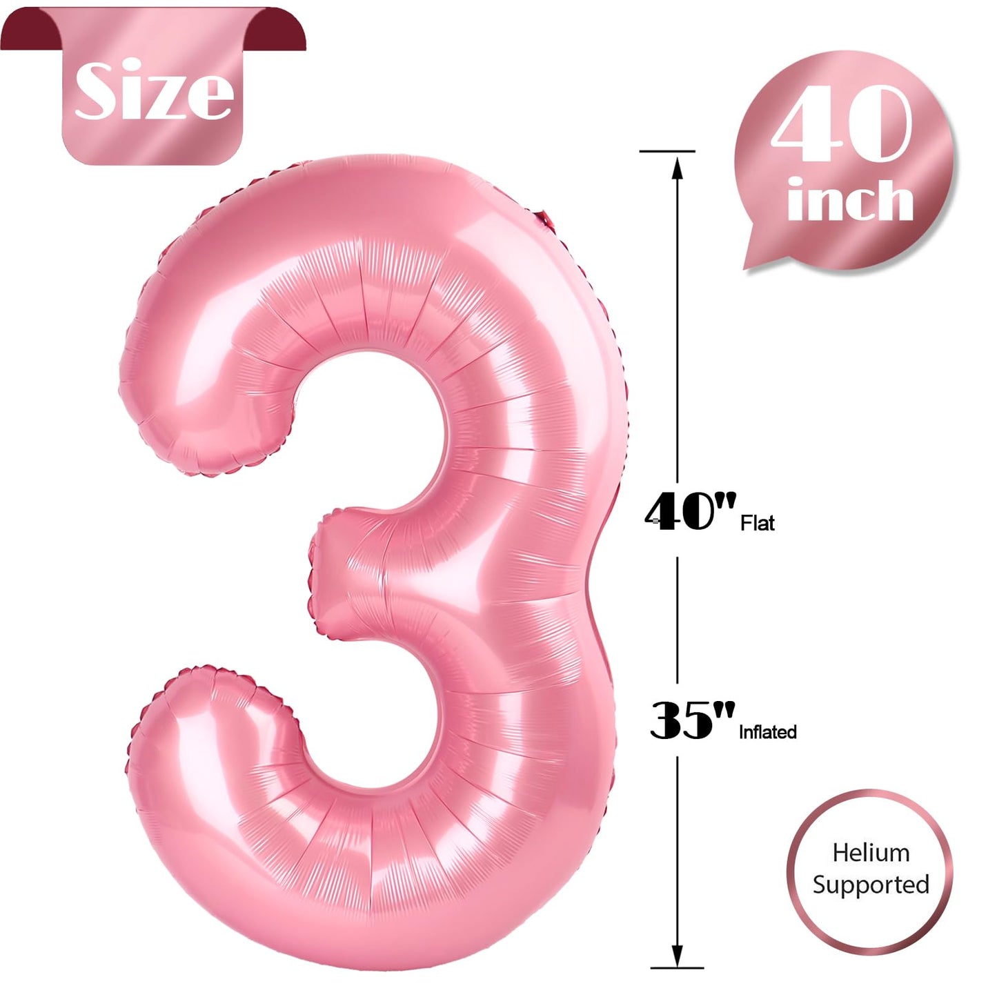 IWERP Pearlescent Pink Number 3 Balloon 40-Inch – 3rd Birthday Decorations