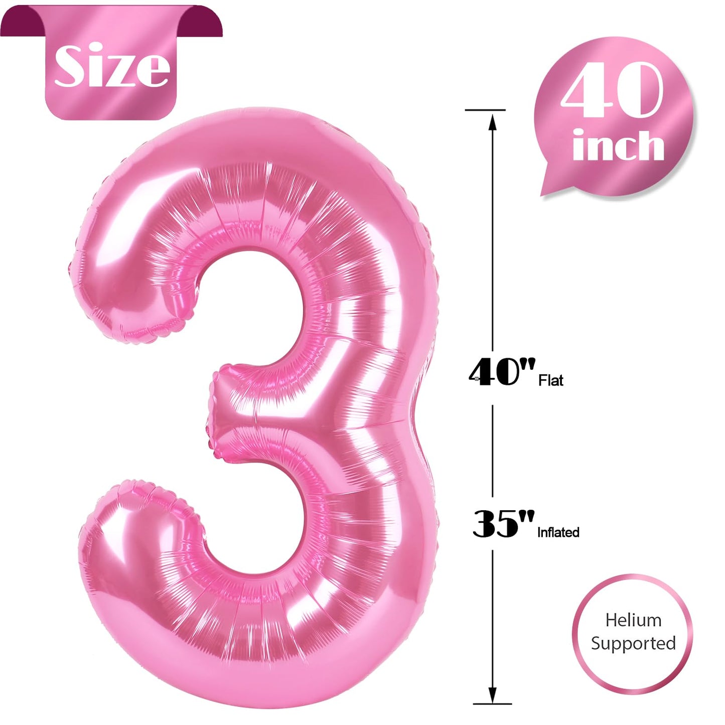 IWERP Pink 40-Inch 3 Balloon – 3rd Birthday Number Balloon for Party Decorations