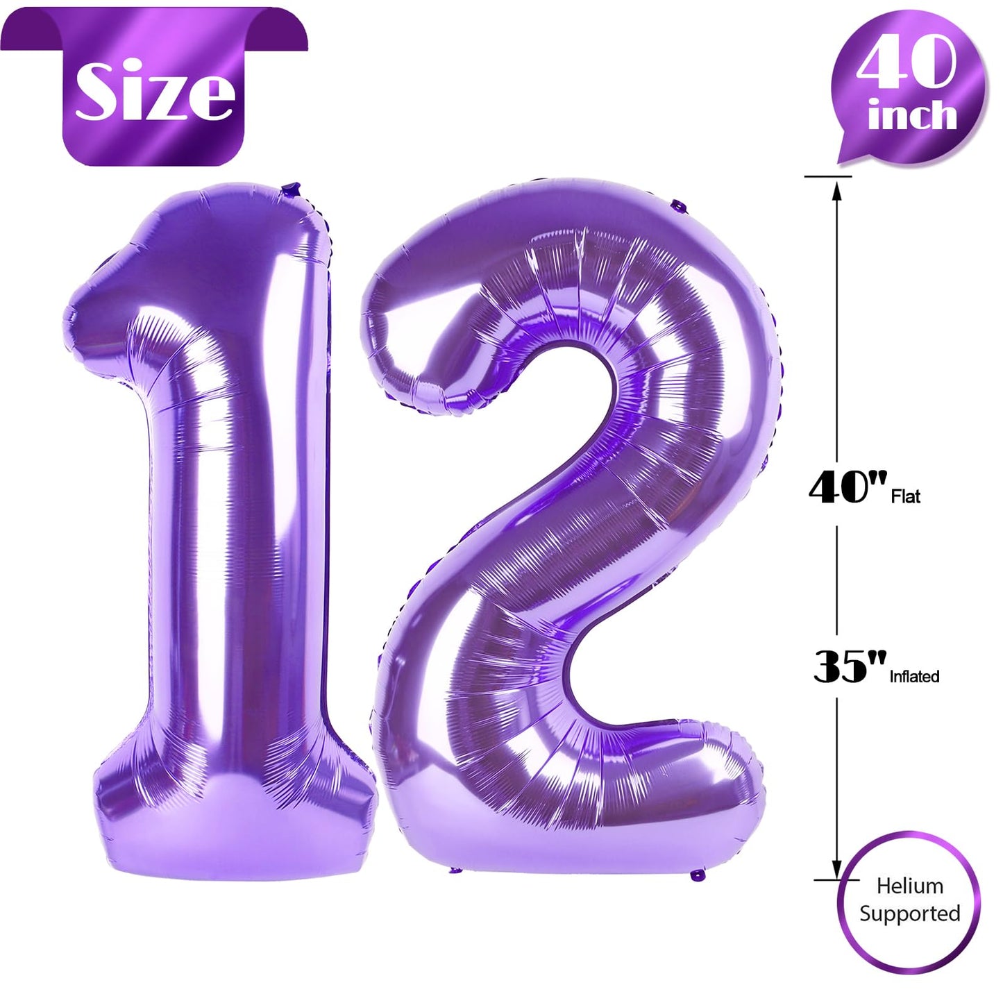 IWERP Purple Number 12 Balloon 40-Inch – 12th Birthday Decorations for Kids