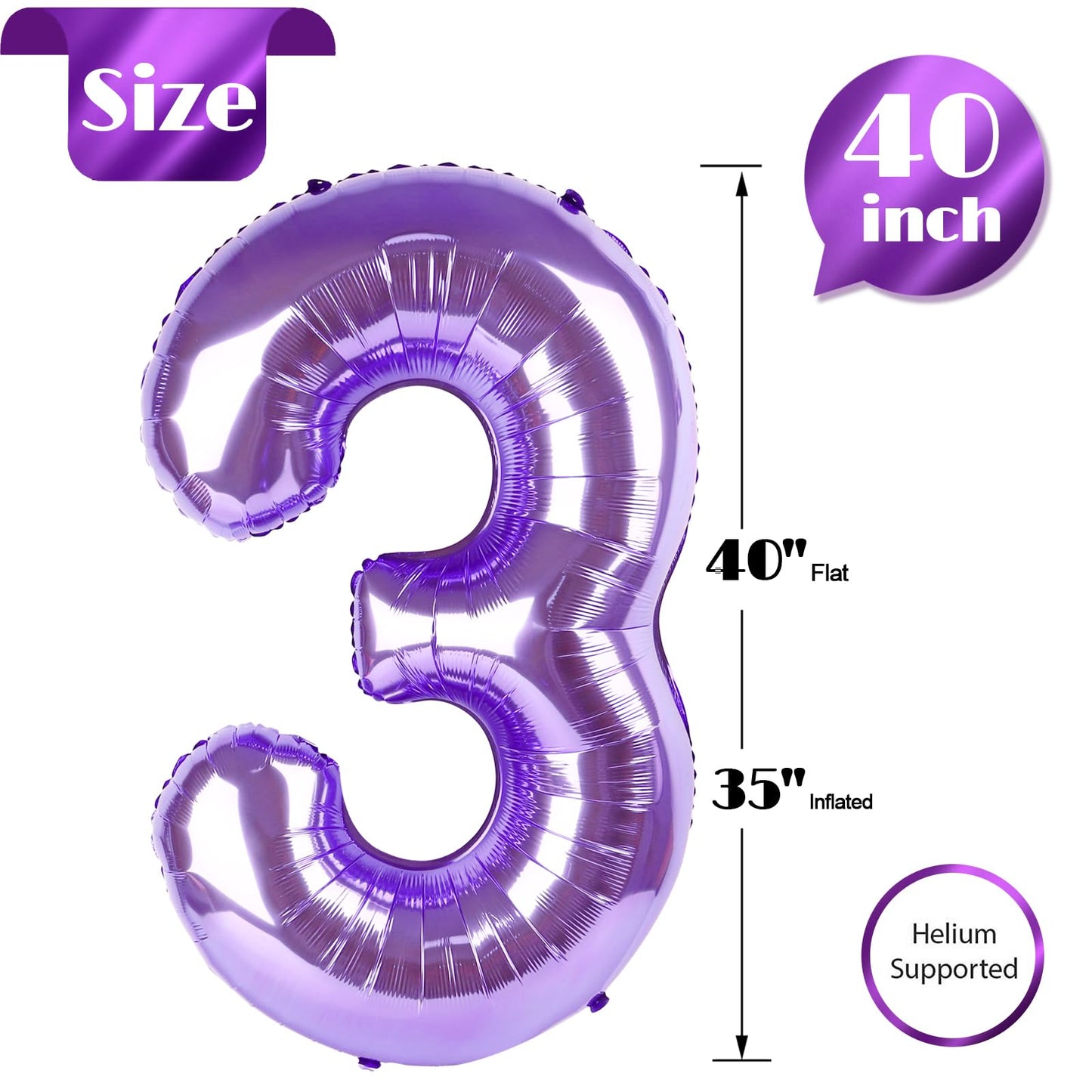 IWERP Purple Number 3 Balloon – 40 Inch Third Birthday Decor for Boys & Girls