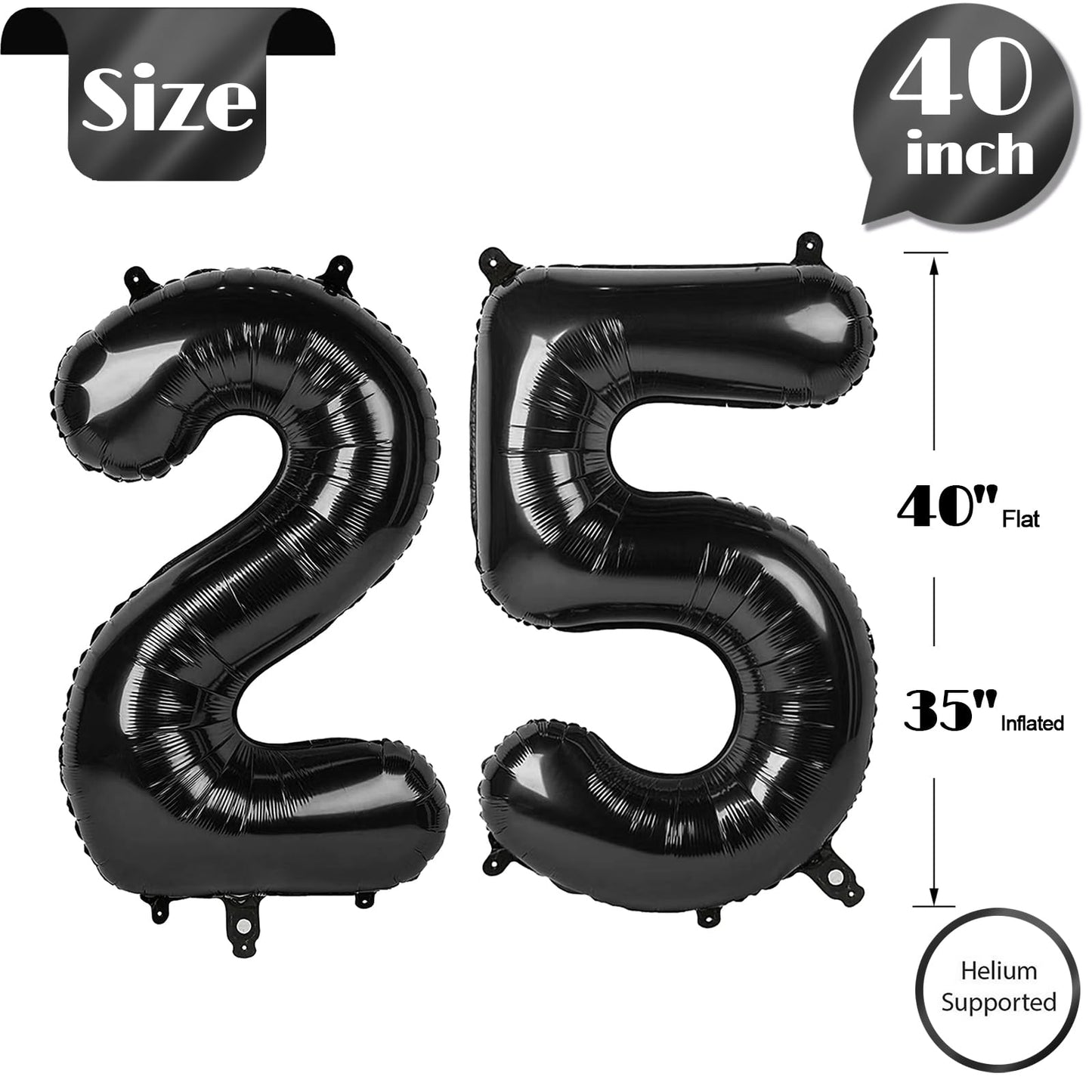 IWERP Black Number 25 Balloon – 40 Inch Foil Balloon for 25th Birthday Decorations