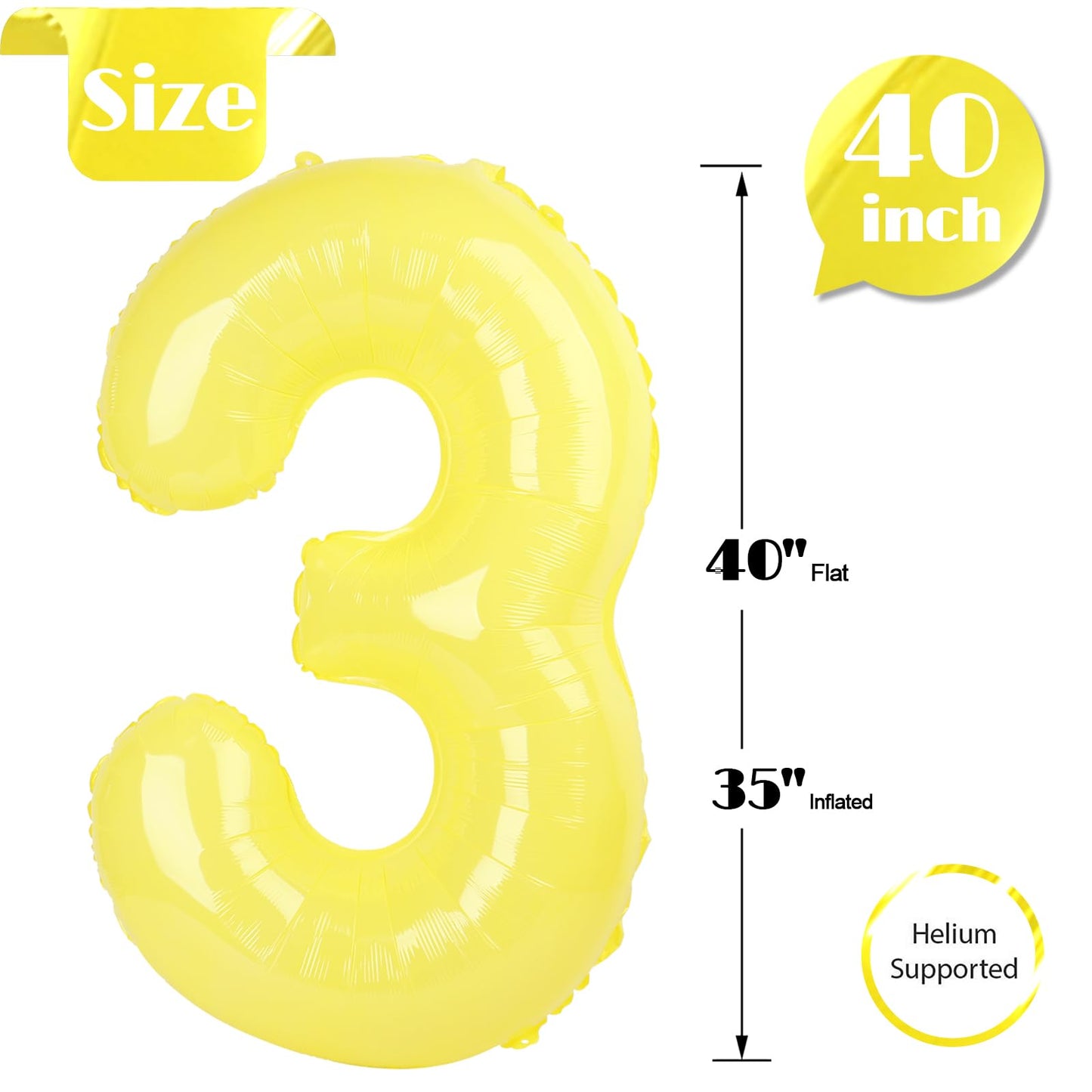 IWERP Yellow 3 Balloon — 40-Inch Number Balloon for 3rd Birthday Party Decorations