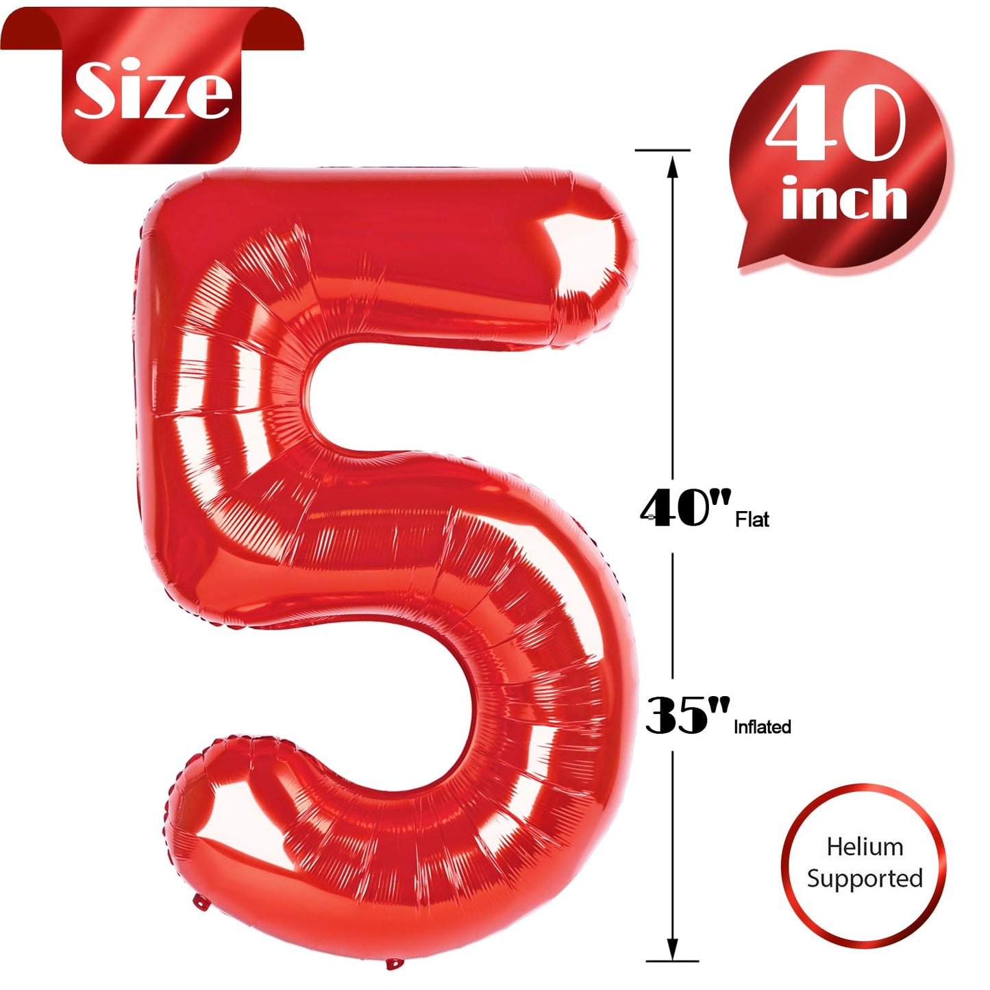 IWERP Red 5 Balloon – 40 Inch Number Balloon for 5th Birthday Party Decor